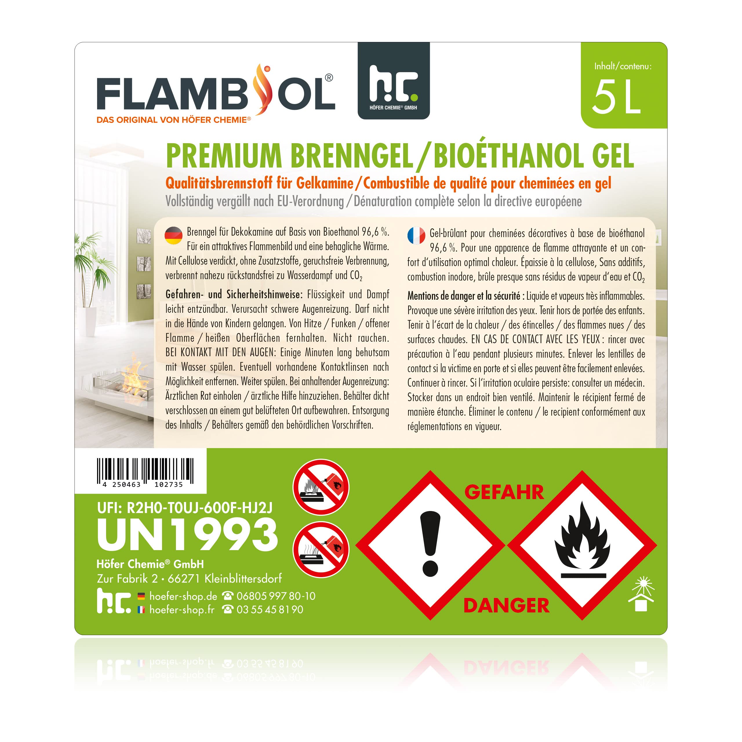 Höfer Chemie 5 L FLAMBIOL® Premium Brenngel für Brenngel Dekofeuer, Lampe und Kamine - Dickflüssiges Gel