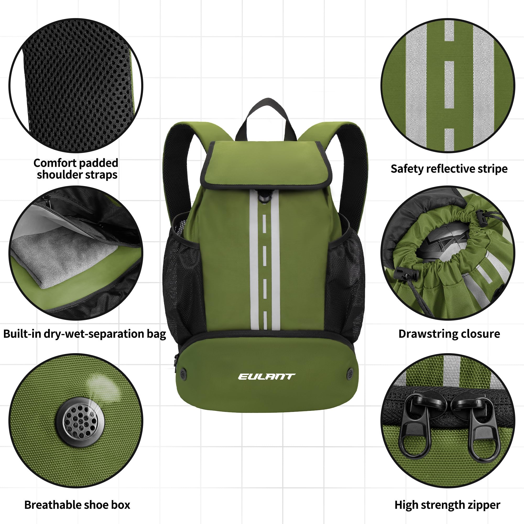 EULANT Sac à Dos de Football Amélioré avec Compartiment à Chaussures, Sac à Dos Multifonction avec Compartiment Inférieur, Sacs de Sport Imperméables pour Basket-Ball Natation Camping Entraînement
