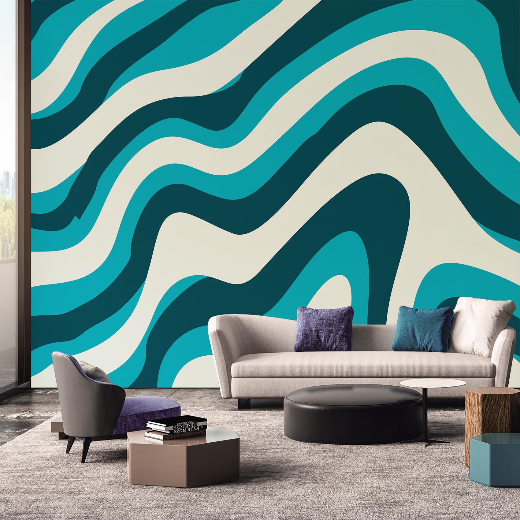 Retro Style Wallpaper, 70s Blue Textured Wallpaper Murals, Retro Style Room Decor Wall Art for Bedroom Kitchen Living Room 500L x 350W cm
