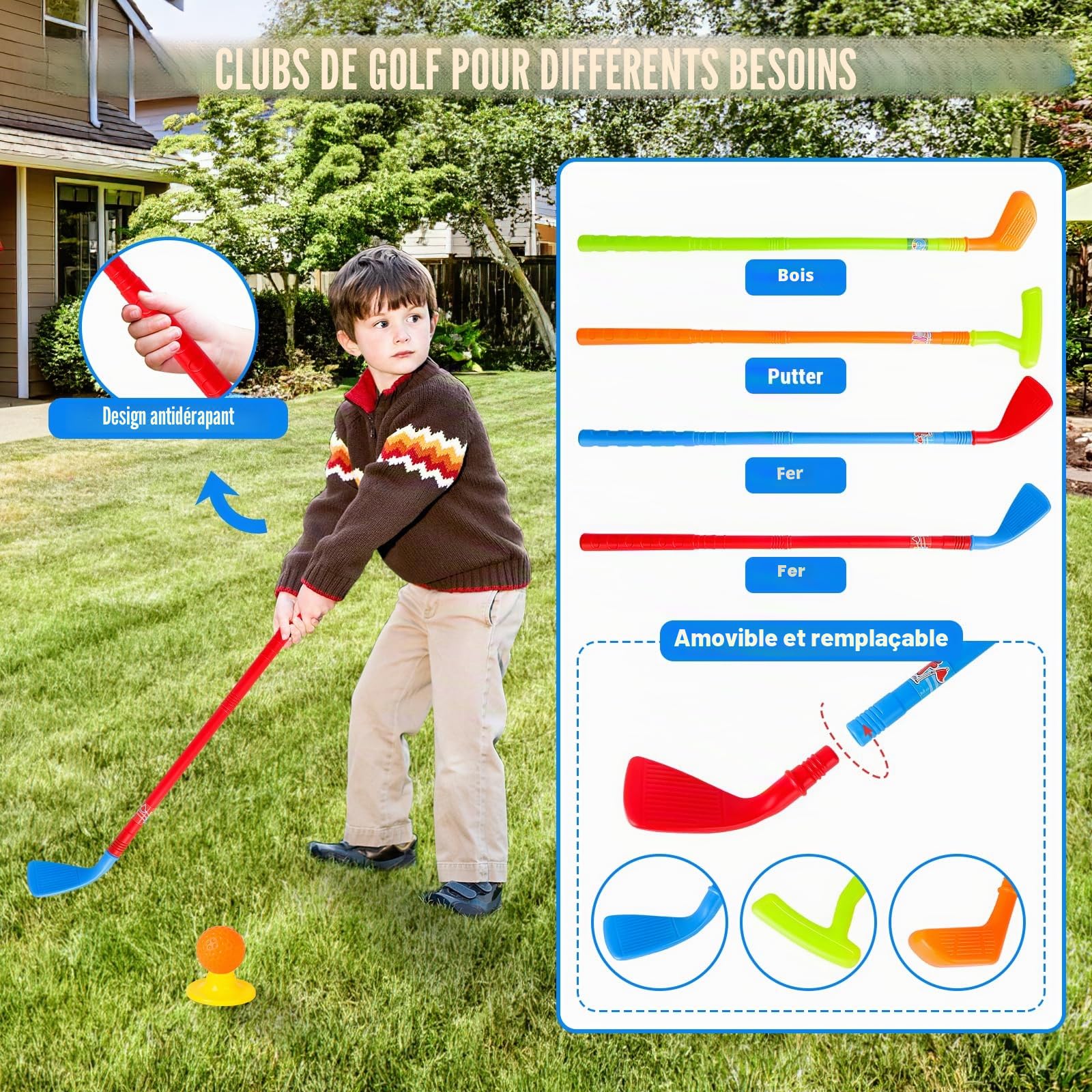 deAO Kit Golf Enfant 3-6 Ans avec 6 Balles + 4 Cannes & 2 Cibles - Jeu Éducatif Motricité Fine Intérieur/Extérieur Mallette Bleu | Idéal Cadeau Garçon Fille