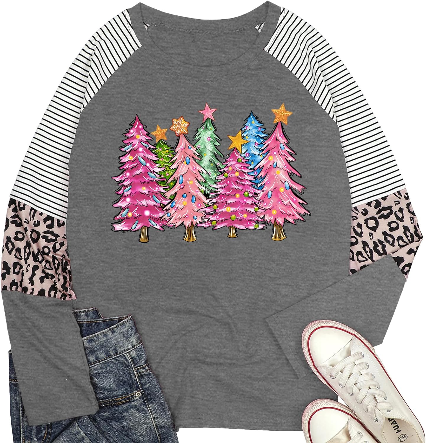 Christmas T Shirt Womens Merry and Bright Shirt Xmas Leopard Print Tree T-Shirt Holiday Graphic Tee Tops - Image 4