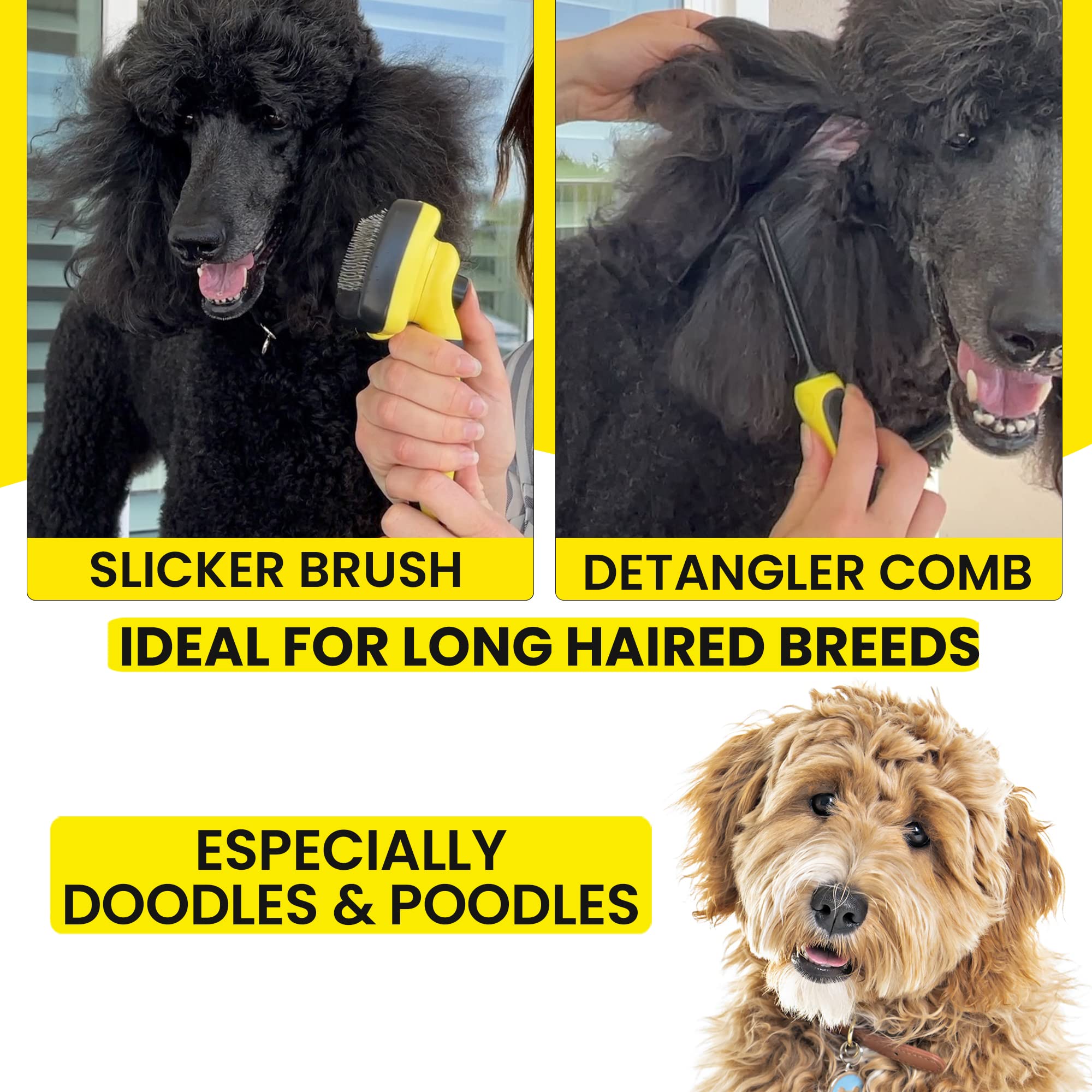 Cepillo para perros para Goldendoodles, caniches y desenredantes para mascotas, cepillo fácil de autolimpieza para aseo de perros, garabatos dorados, caniches y gatos, peine desenredante que