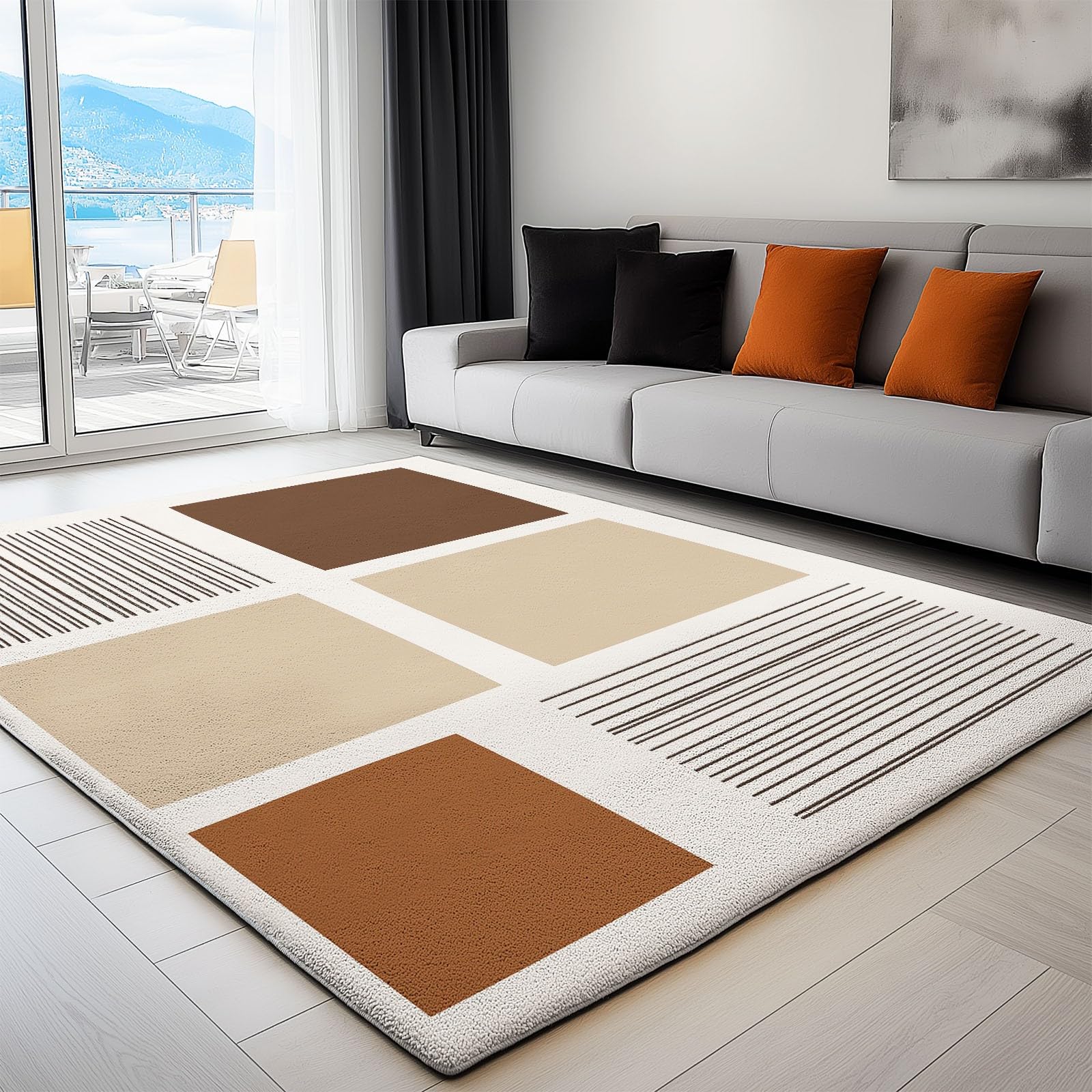 Tapis Décoratif, Tapis de Chambre 160 x 230 cm, Tapis de Salon, Tapis antidérapant, Lavable en Machine, Style Lignes Horizontales Simples, pour Cuisine, entrée, Marron Beige