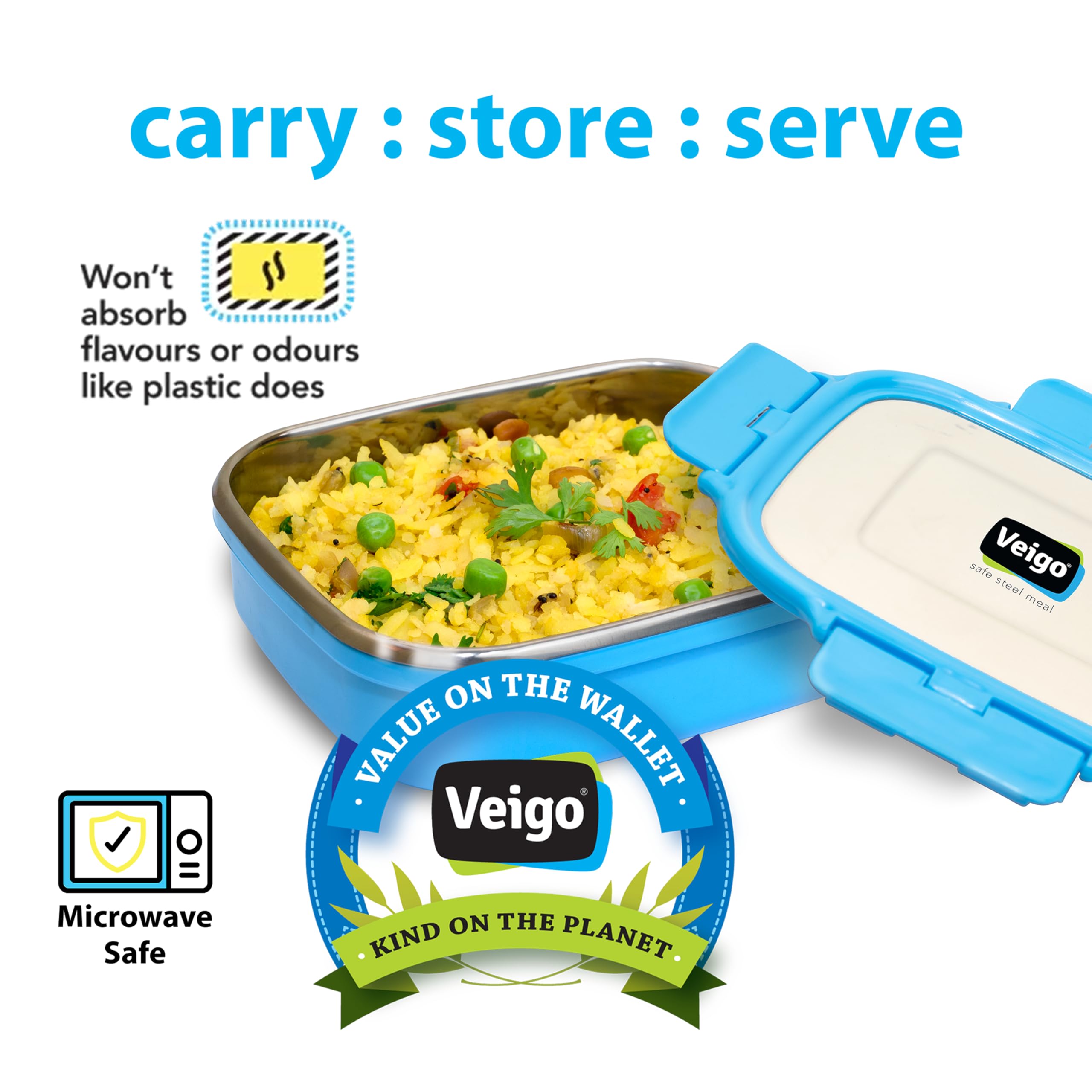 Veigo Stainless Steel Lunch Box, Rectangle Blue Container, Insulated & Leakage-Proof Tiffin (630ml), Microwave Safe, Ideal for Office & Kids 3