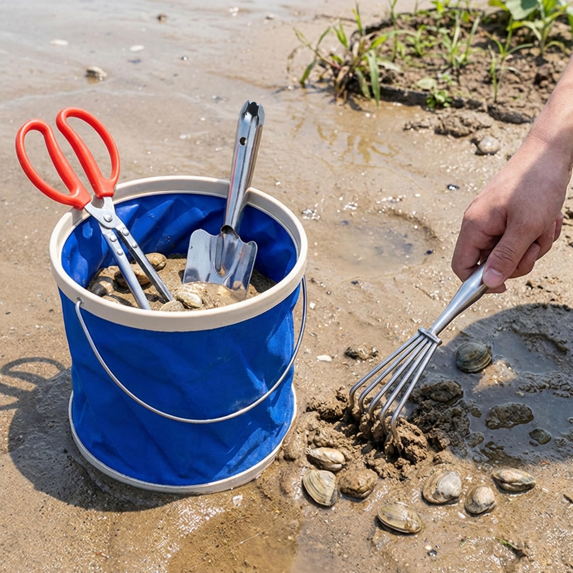 Ensemble de râteaux à palourdes Portables – 4 Outils de Plage avec Seau Pliable, râteau à Sable et Pelle en Acier Inoxydable pour Adultes et Enfants, pour décortiquer