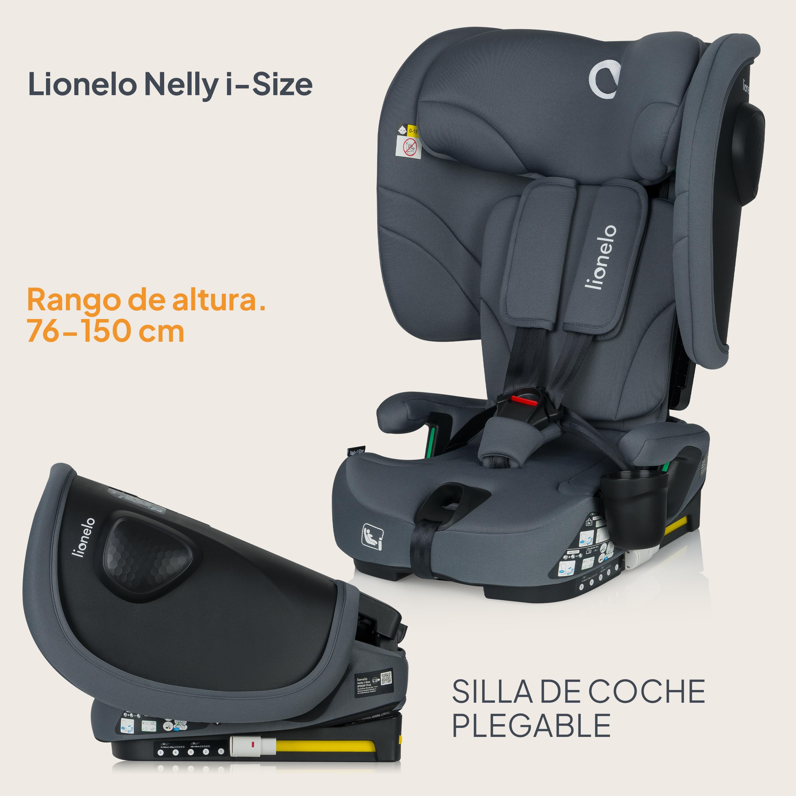 LIONELO NELLY I-SIZE Silla de Coche Para Bebé Plegable 76-150 cm (aprox. de 15 meses a 12 años) Grupo 1 2 3 Fijación Trasera ISOFIX y Cinturón TT, Protección Lateral, Reposacabezas y Respaldo Ajustabl | Instalación ISOFIX, correa superior, reposacabezas a