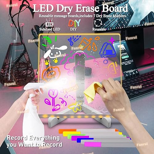Miniatura 5 de Fanrui Pizarra acrílica de borrado en seco  8.26 x 8.26 pulgadas, caballete de escritorio transparente con bandeja de 7 marcadores en el escritorio,