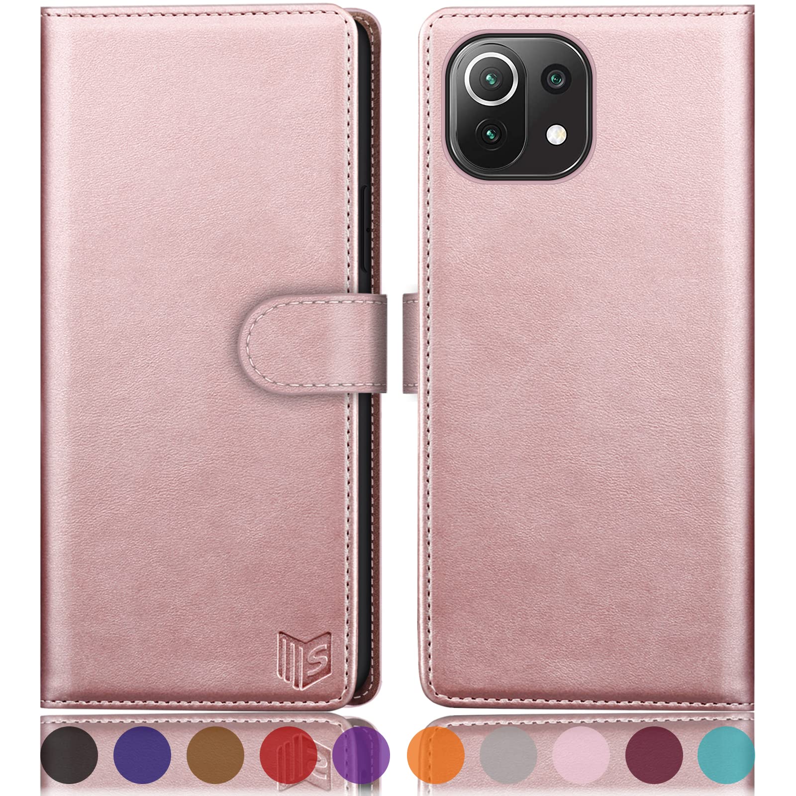 SUANPOT Case for Xiaomi 11 Lite with RFID Blocking PU Leather Magnetic Closure, Folding Stand, Card Slot Cover Wallet Leather for Xiaomi 11 Lite Phone Case Rose Gold