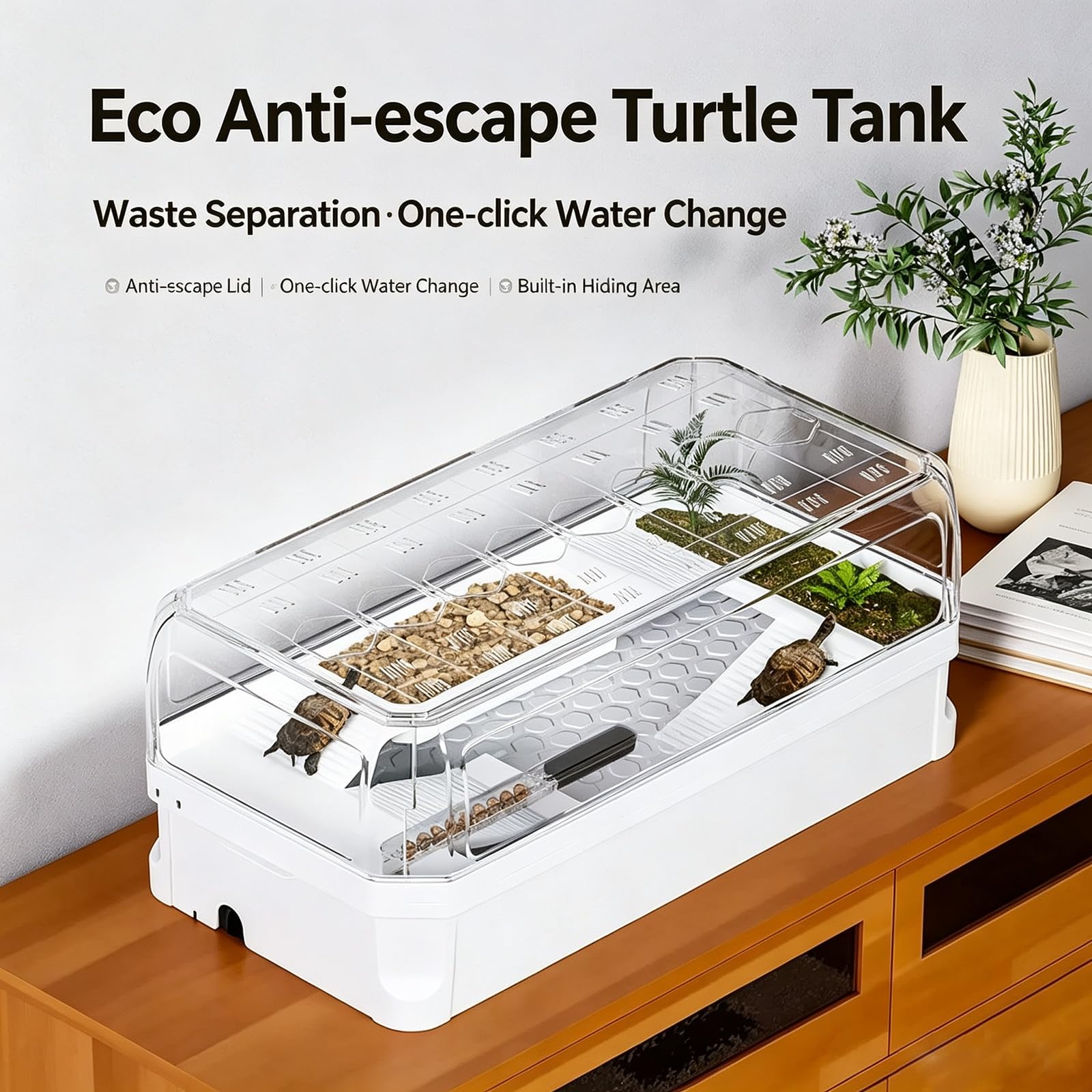 Acuario para Tortugas con Bomba de Agua y Filtro | Fácil de cambiar el agua y limpiar, resistente a caídas, con plataforma para plantas y rampa(Large)