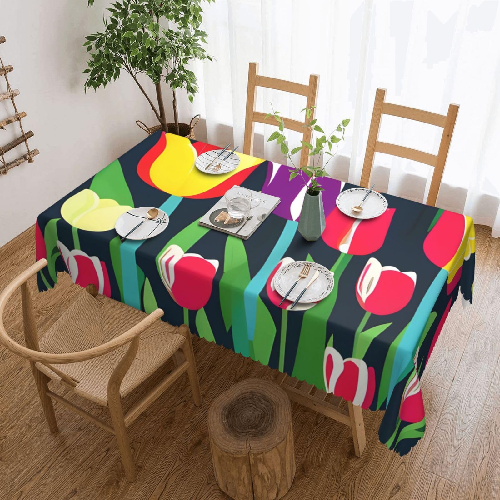 HLBSDM Colorful Tulips Print Rectangle Washable Tablecloth Decorative Table Cover for Dining Table Buffet Parties