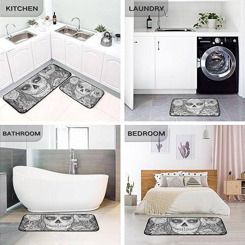 Miniatura 4 de Kitchen Mats for Floor 2 Piece Set Mexican Skull Woman Print, Anti Skid Cushioned Water Absorbent Kitchen Rugs Door Mat Floor Mats for Kitchen Sink