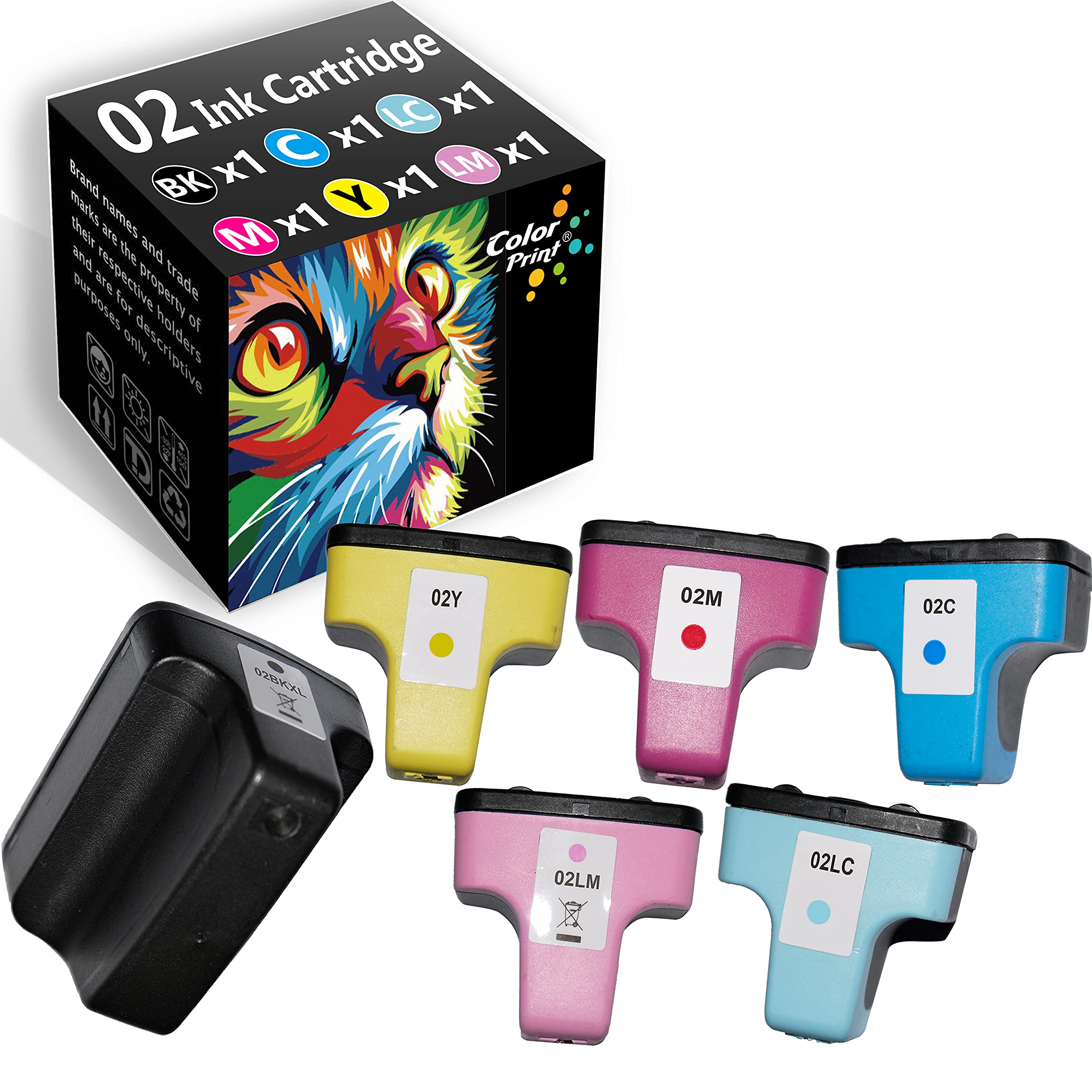 6-Pack ColorPrint Compatible 02 Ink Cartridge Replacement for HP02 Work with PhotoSmart C5180 C6150 C6280 C6180 C6280 C7280 C7150 C7180 D7460 Printer (BK, C, M, Y, Light Cyan, Light Magenta)