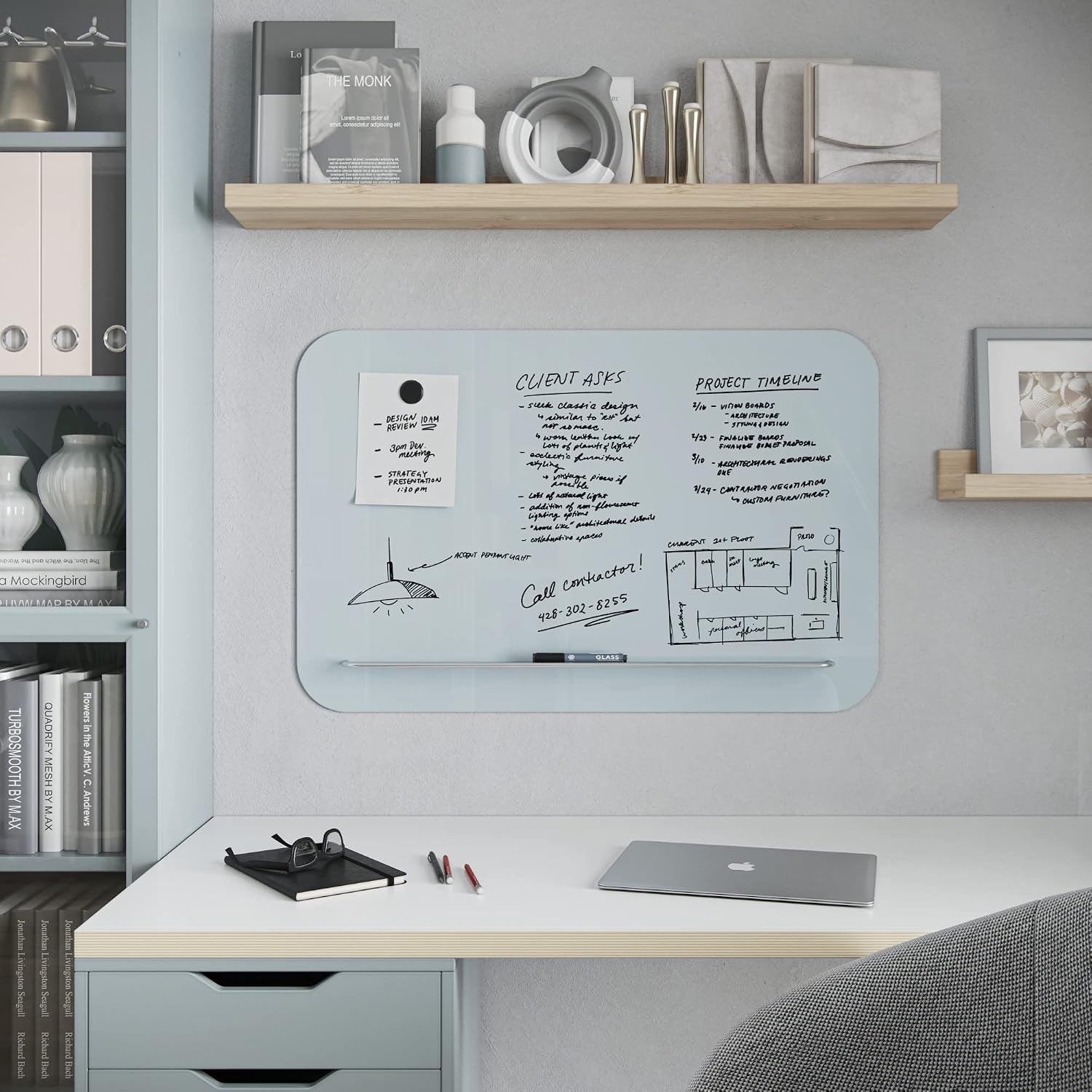 U Brands Magnetic Glass Dry-Erase Board with Floating Tray, 36" X 24", Frameless (4847U00-01)