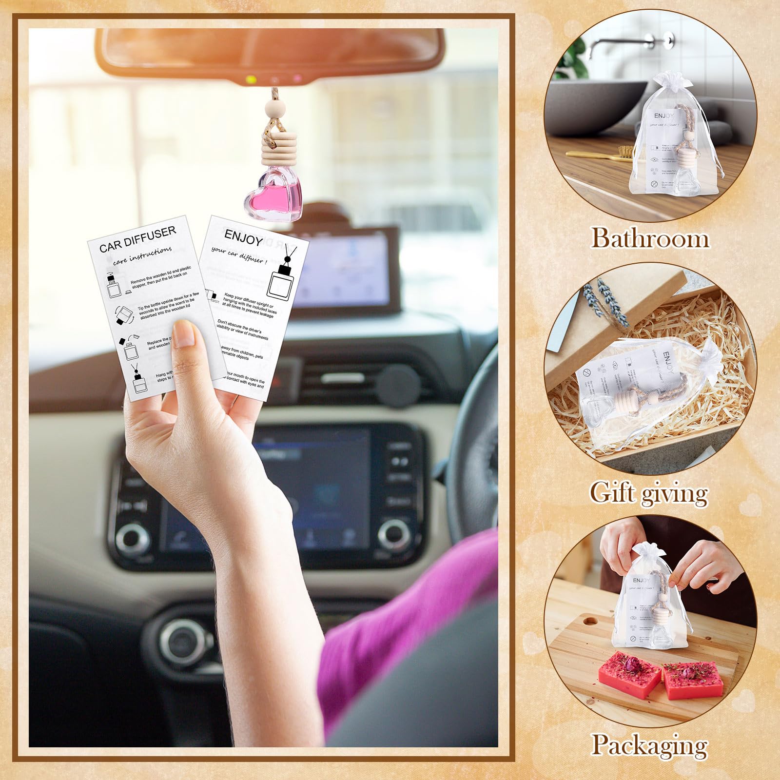 Boao Set di 25 flaconi profumatori per auto con diffusore per auto, con schede di istruzioni (lingua italiana non garantita), sacchetti in organza, vuoti, ricaricabili, per oli essenziali, profumi,