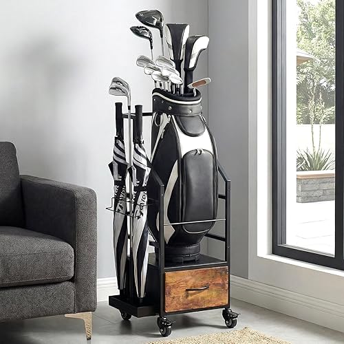 Golf Bag Organizer Rack with Wheels, Golf Storage Organizer for Garage,Golf Stand & Accessories,Brown Garage Organizer Fit Single Golf Bags