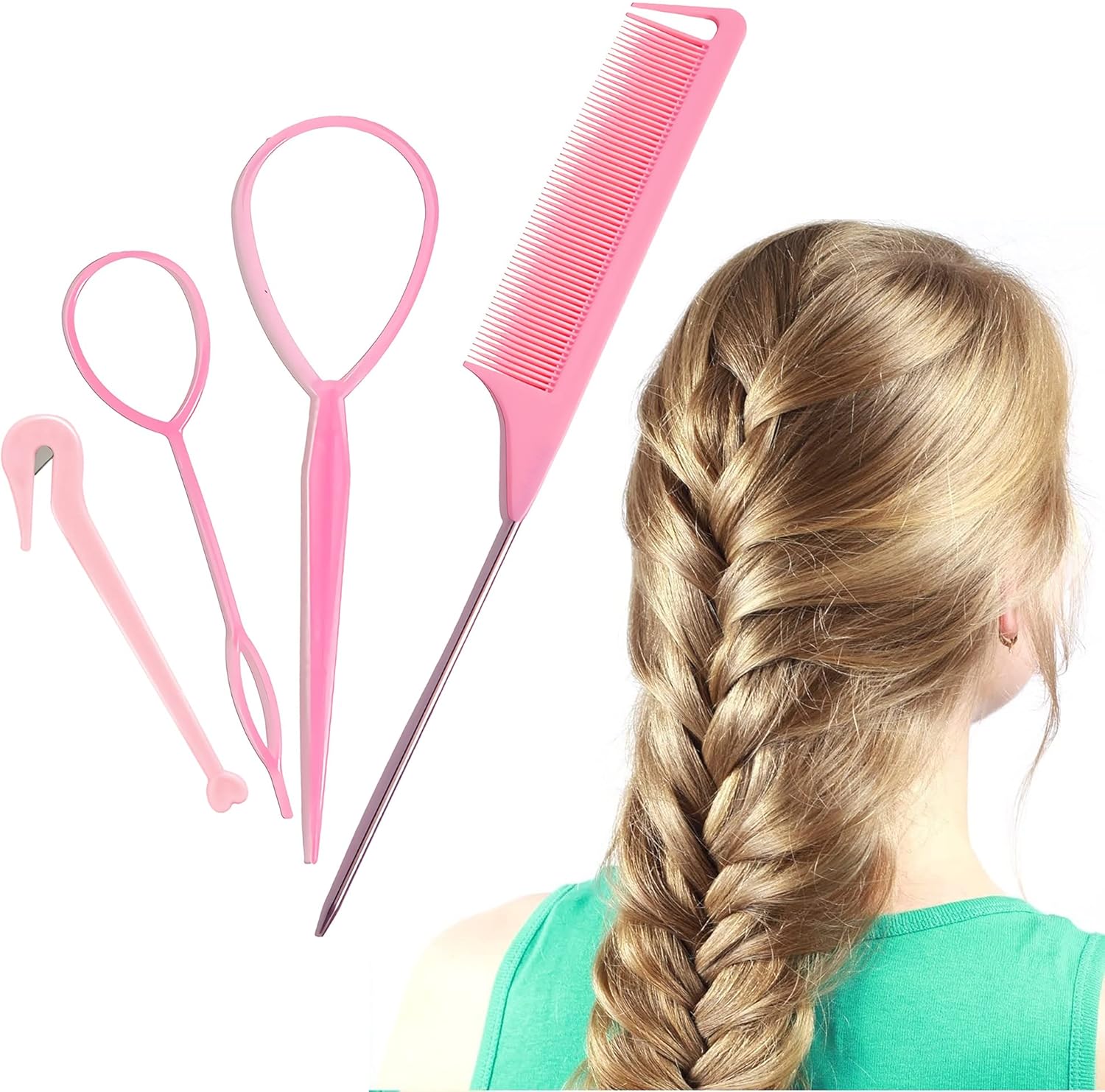 IRYNA 4Pcs Pink Hair Looping Tool, French Braid Hair Styling Set Loop Tool Hair Band Cutter Rat Tail Comb Great Tool for All Hair Types