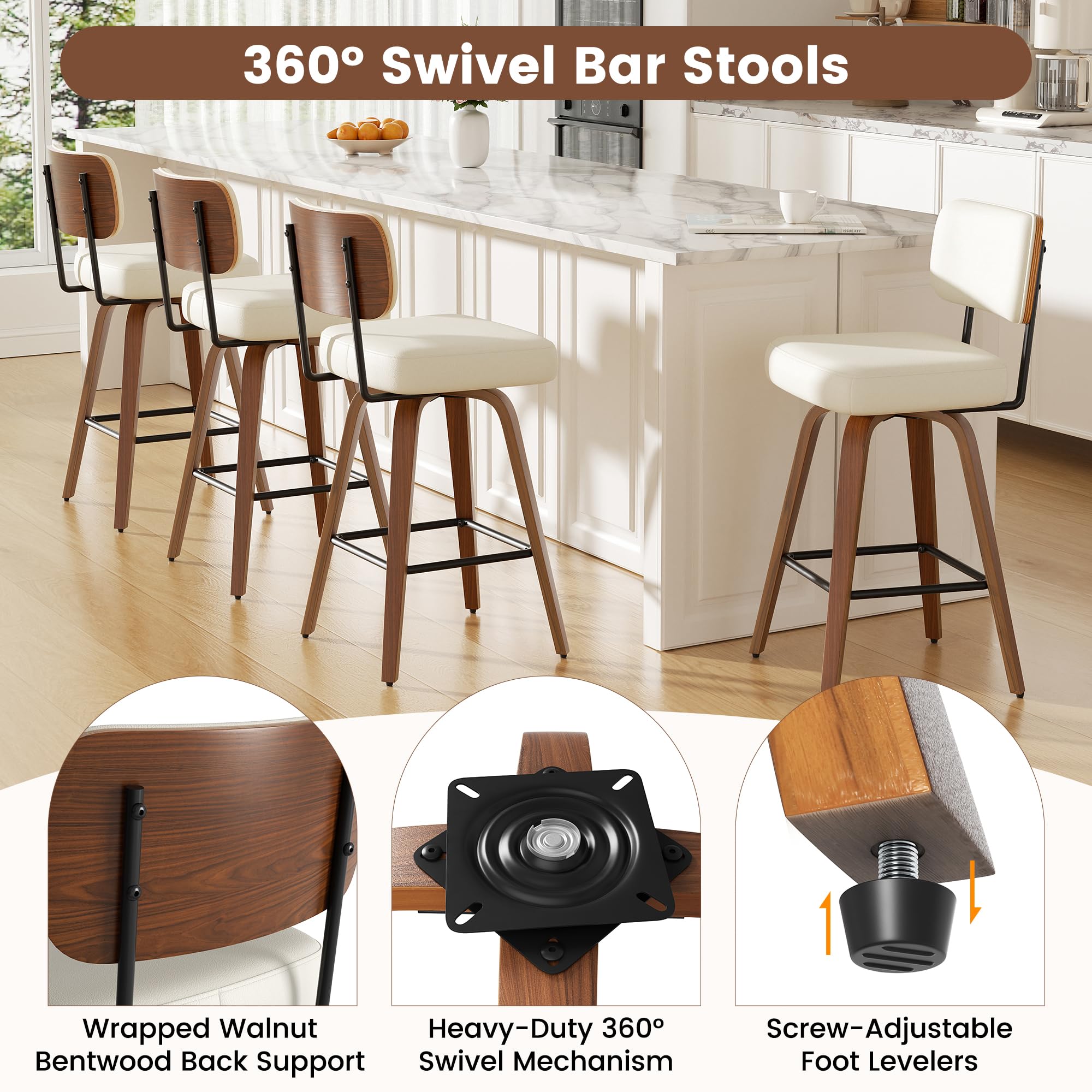 360°Drehbarer Barhocker 2er Set, PU Barhocker 65cm Sitzhöhe mit Holzbeinen, Mid-Century-Design Bar hocker mit 4 Beinen und Lehne, Barstühle Küchenhocker für Küche und Bar,Weiß