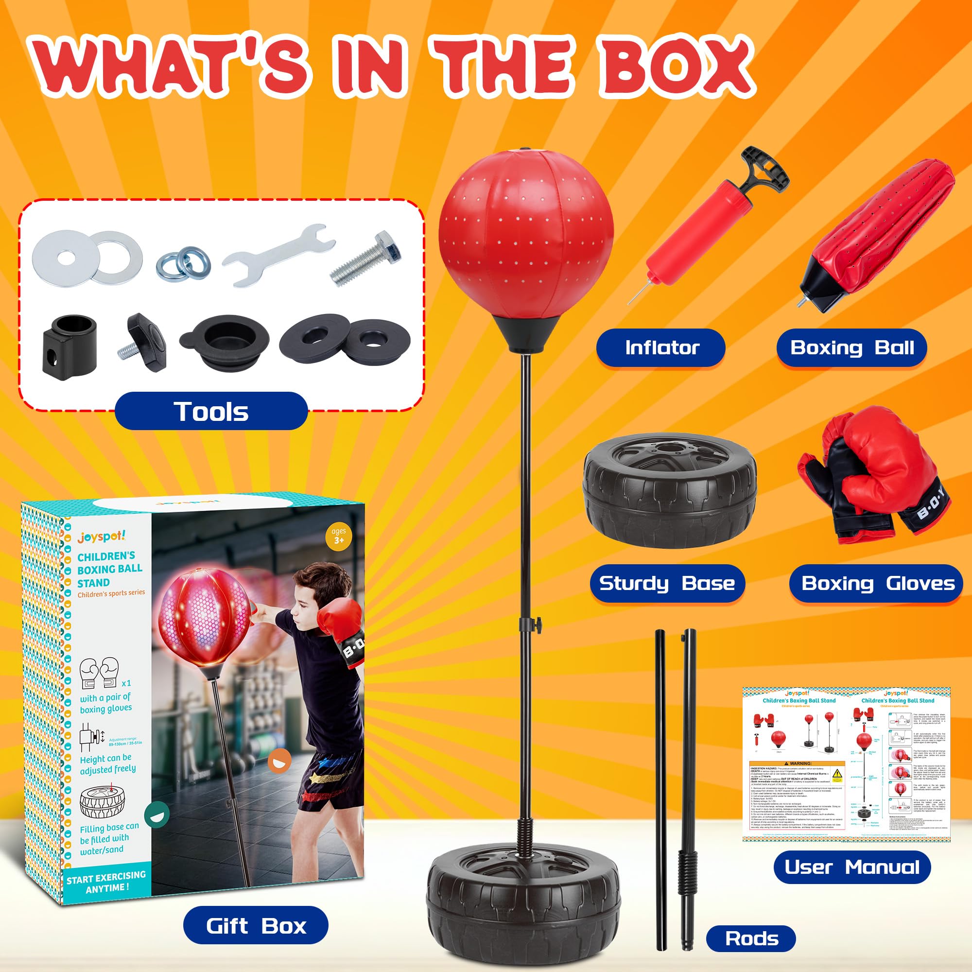 JOY SPOT! LED Boxsack mit Ständer, Höhenverstellbar Punchingball für Kinder, Boxen Set inkl. Boxhandschuhe & Pumpe, Leuchtender Punching Bag für Erwachsene, Boxball-Set Spielzeug für Speed Training
