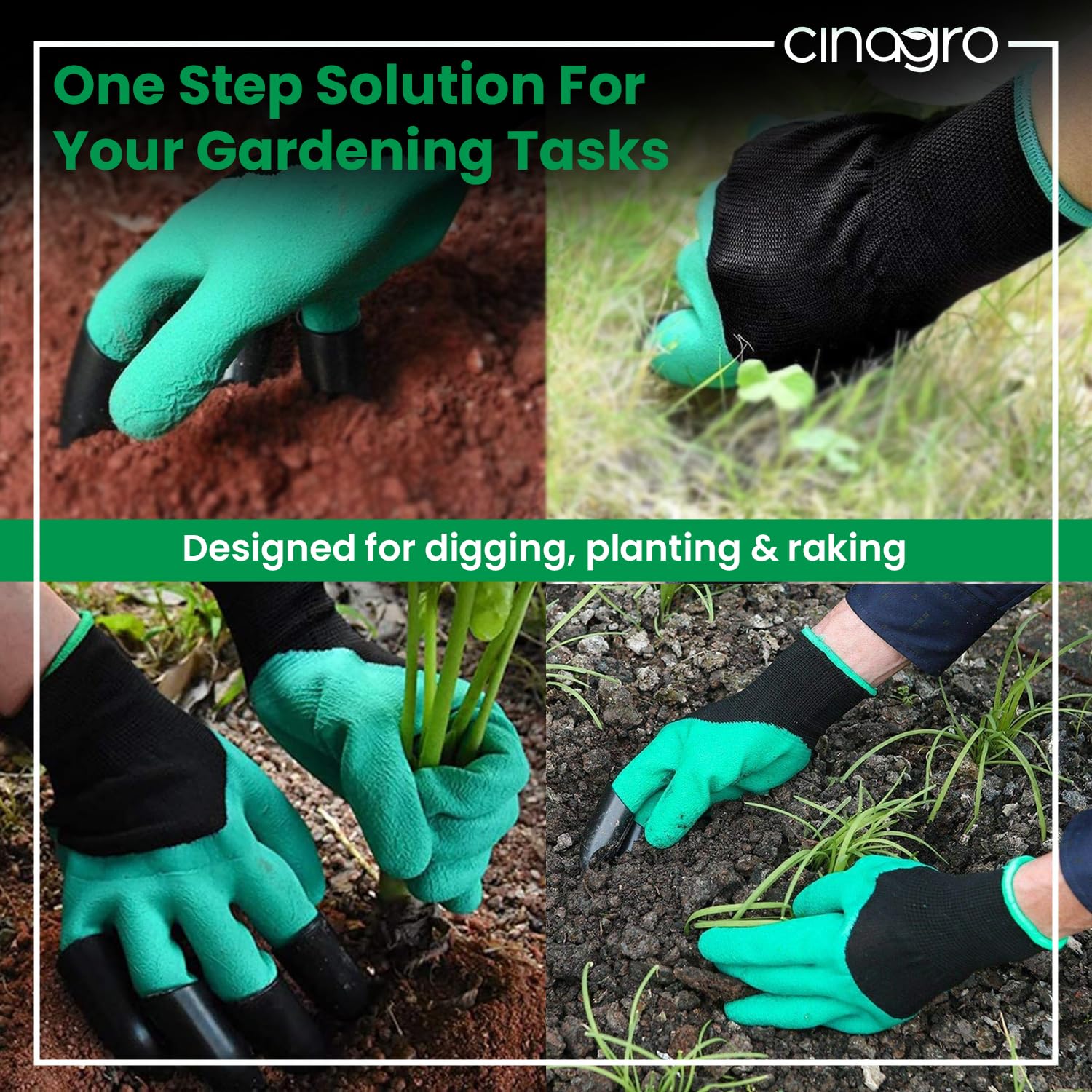 CINAGRO Heavy Duty Garden Claw Gloves with ABS Plastic Fingertips on Right Hand for Digging & Planting, Washable Protective Hand Gloves for Home Garden, Farming & Outdoor Use (Free Size, Green) 39