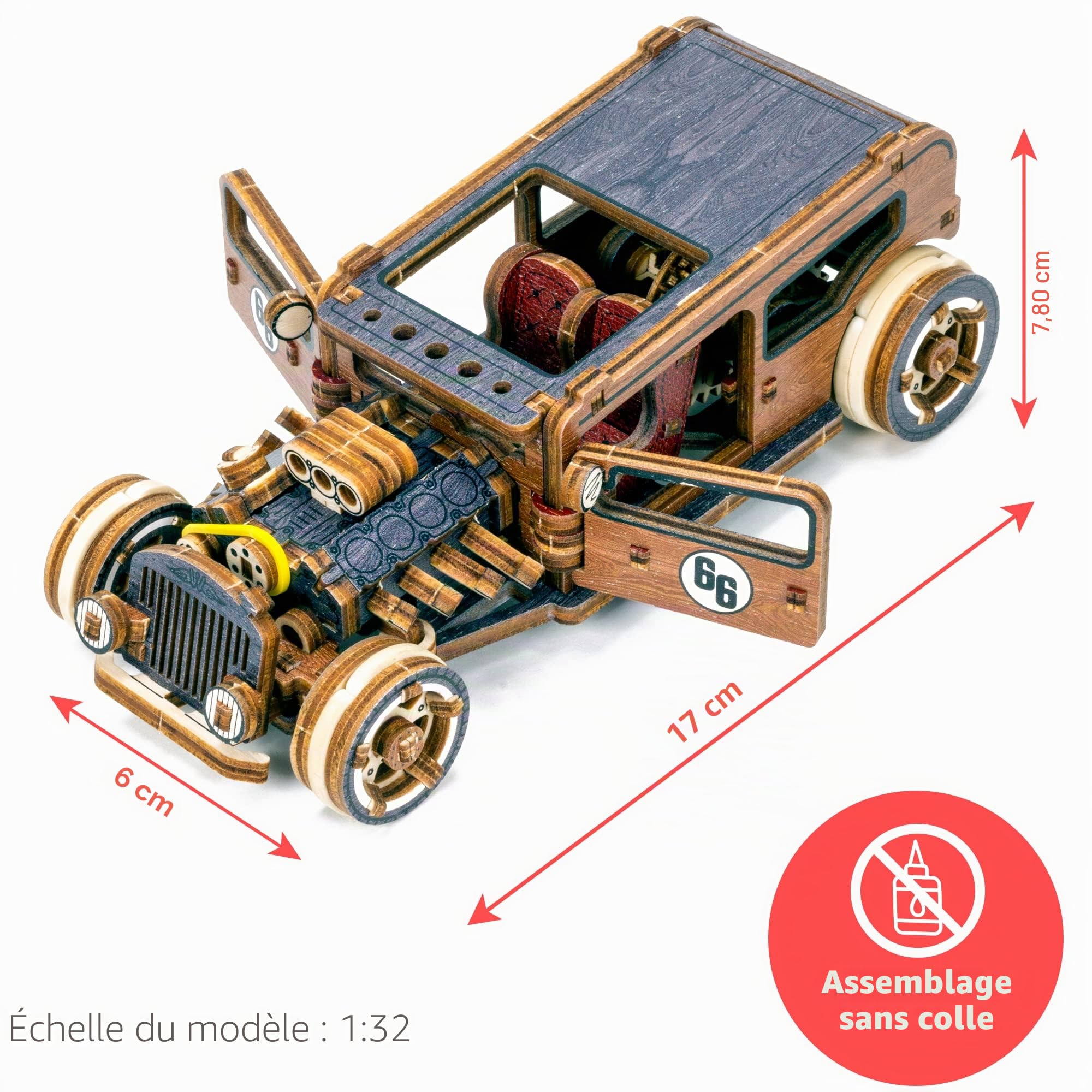 WOODEN.CITY Hot Rod Limited Edition - Kits de Maquettes en Bois 3D pour Adultes pour Construire des Voitures - Casse-tête Rétro en Bois 3D 142 pièces, Kit de Voiture en Vois à l'échelle 1/32