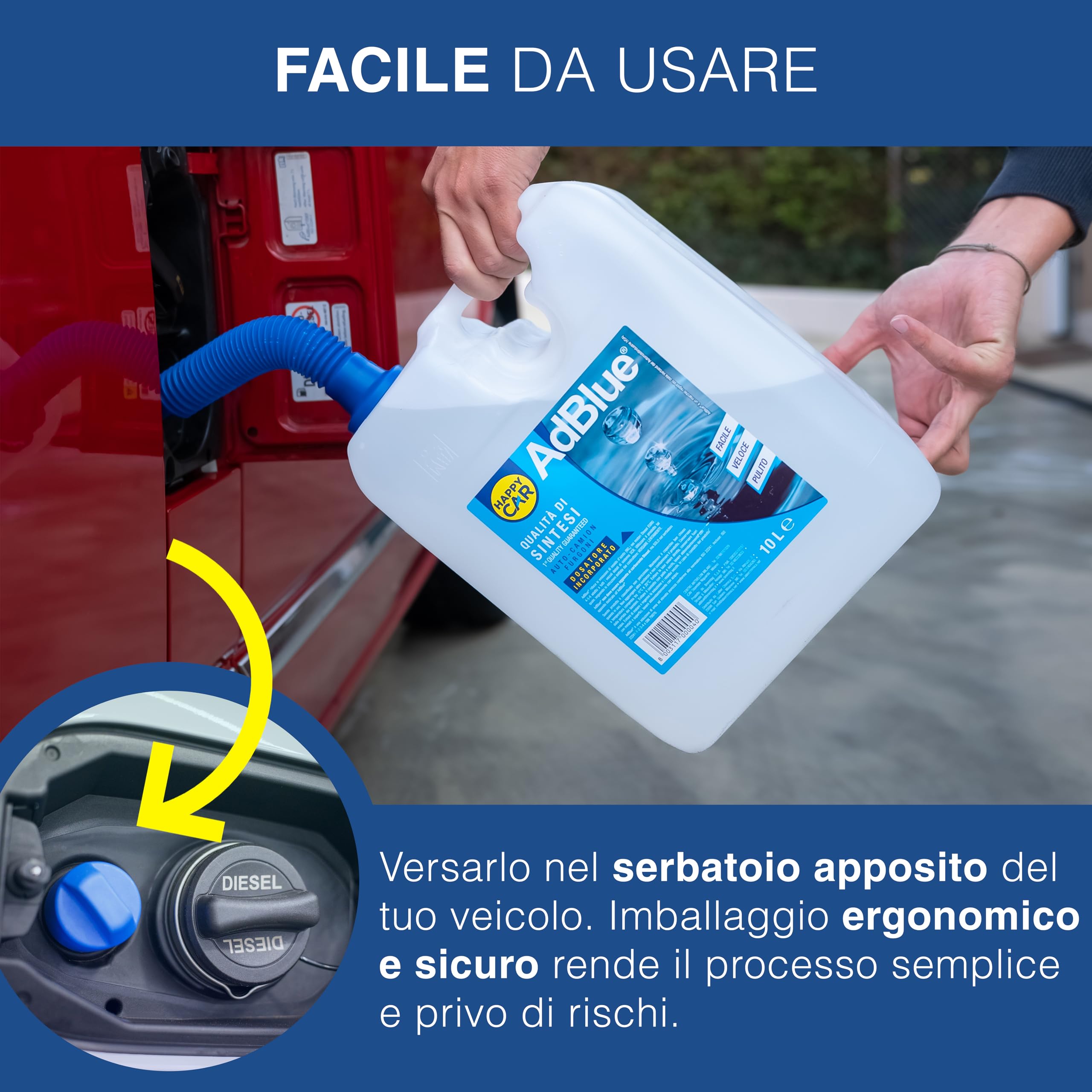 HappyCar AdBlue 10L - Liquido per Gas di Scarico per Motori Diesel con Sistema SCR ISO 22241 con Dosatore Incluso - Made in Italy