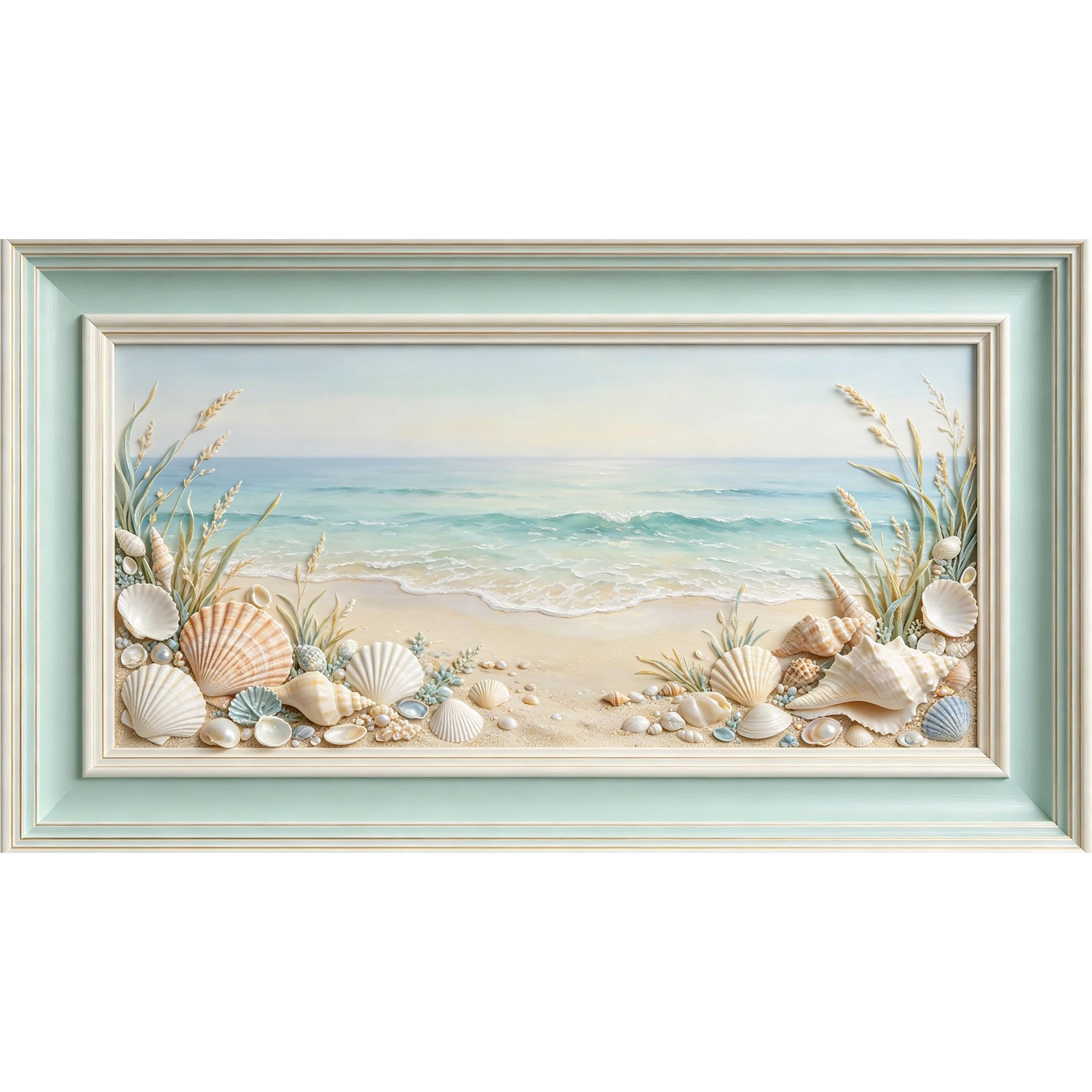 QZLITHOTIC 50×90cm3D Framed Wall Art， Coastal Seashore Seashells Ocean Waves Landscape SelfAdhesive Mural， WaterActivated Peel & Stick Fabric Decor Wall Decal for Bedroom Living Room