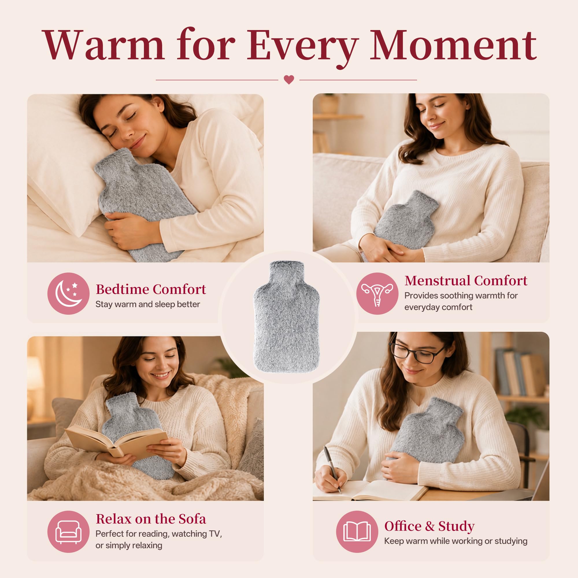 Luxury Hot Water Bottle - Gray with Faux Fur -3