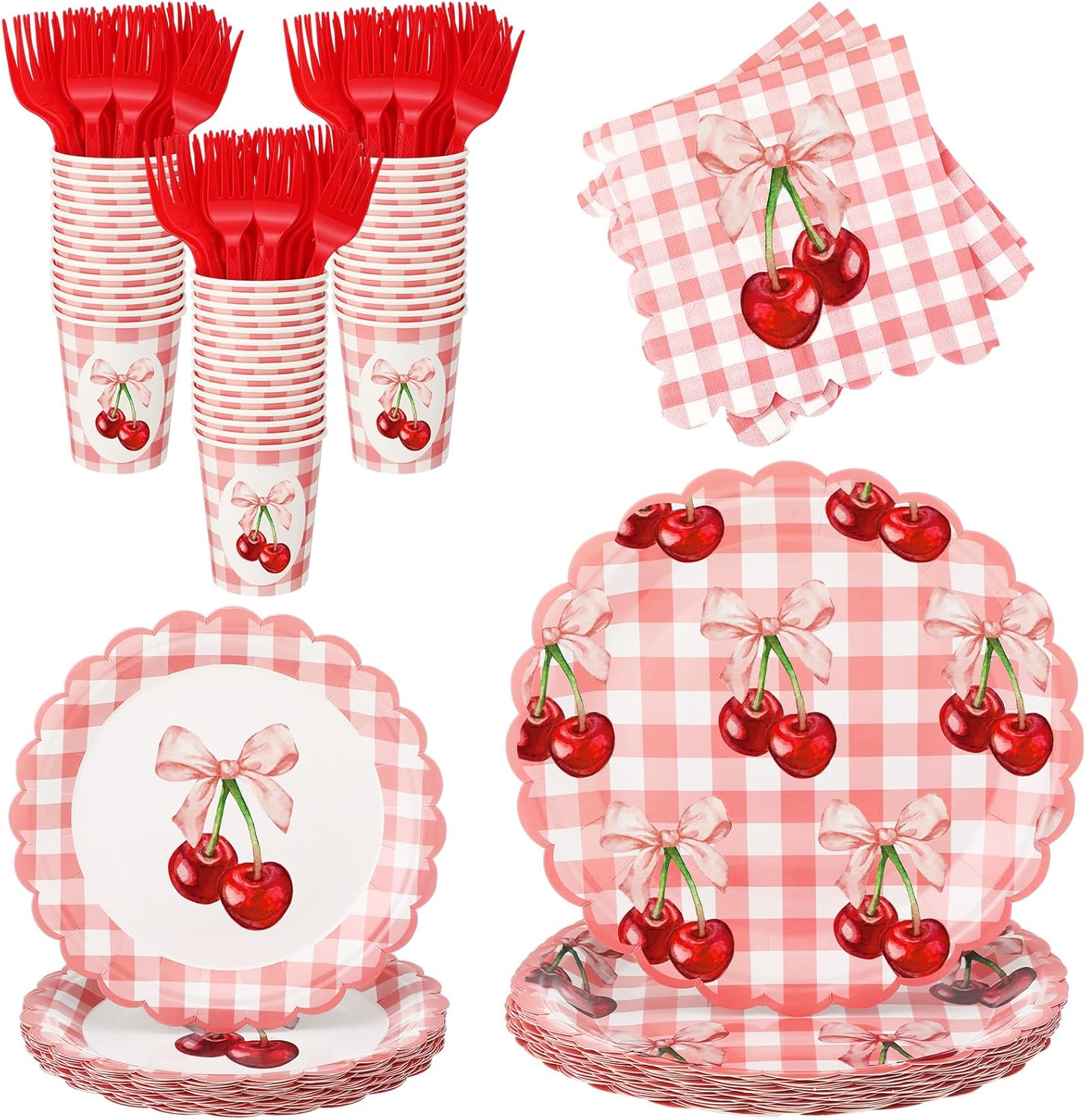 Havawish 120 Pcs Bow Cherry Party Supplies, Coquette Birthday Party Tableware Set Cute Dinner Plates, Dessert Plates, Napkins & Forks for 24 Guests Birthday, Baby Shower, Picnicking Supplies