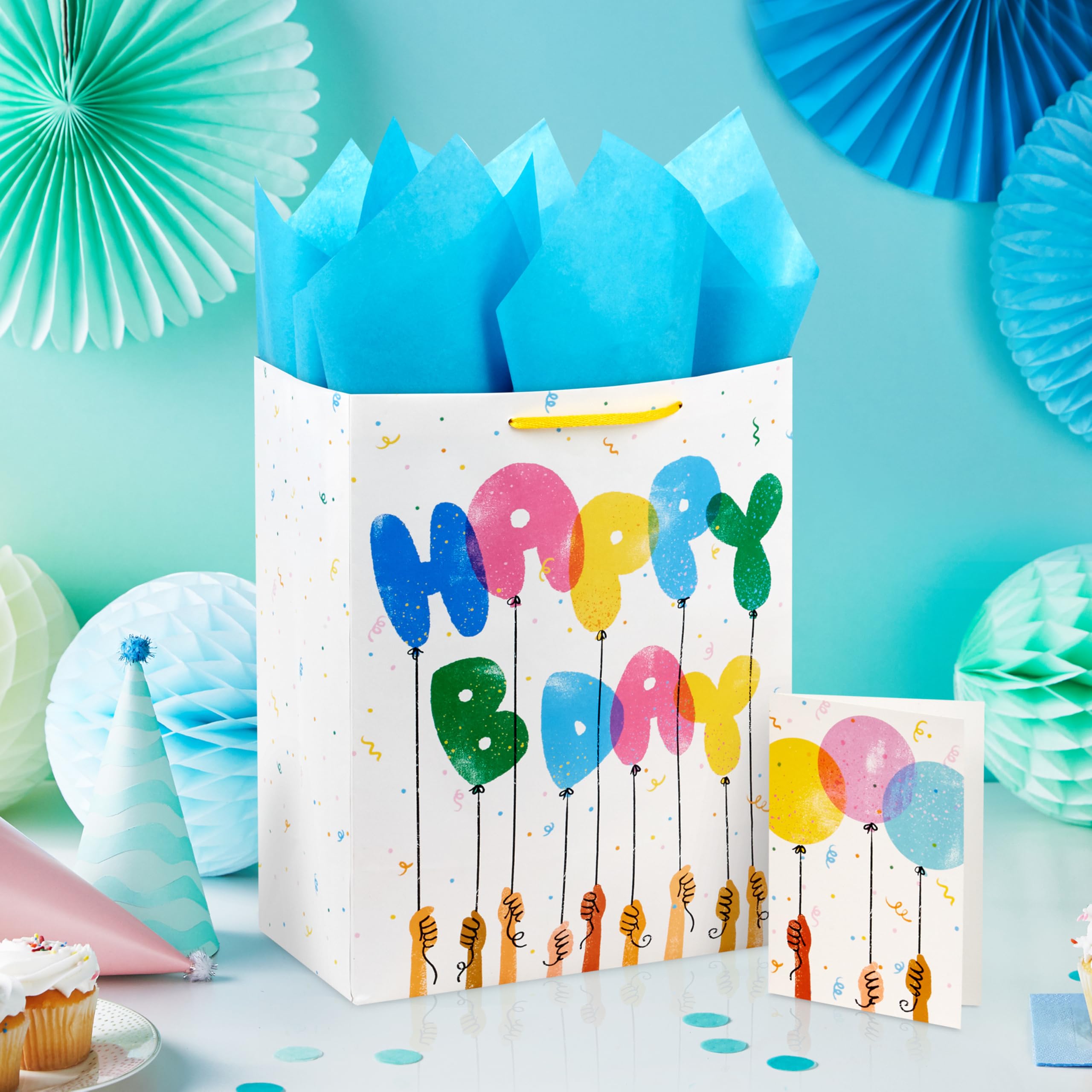 Hallmark 13" Large Gift Bag with Tissue Paper and Card (Happy Bday Balloons) for Kids, Grandchildren, Friend, Coworkers