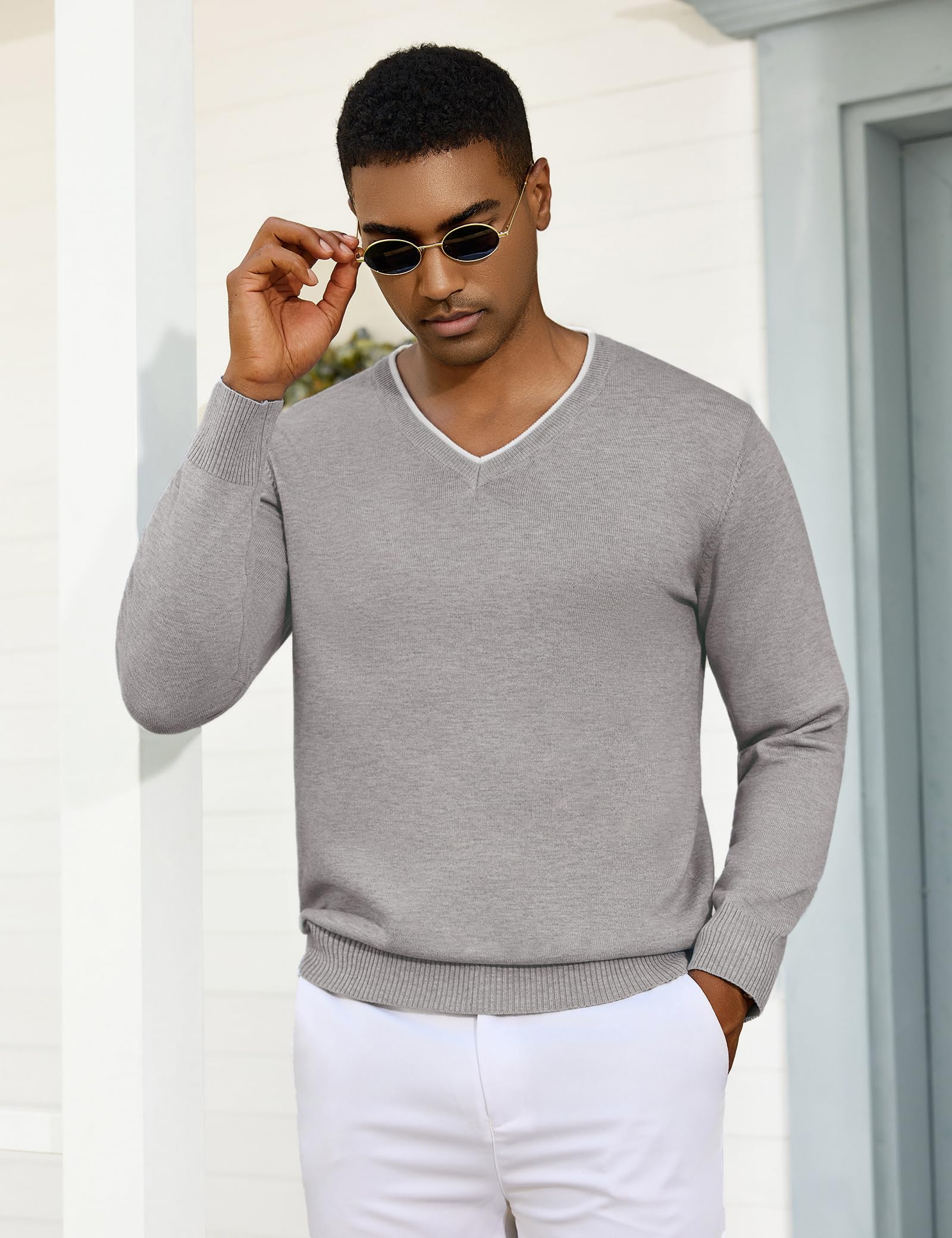 iClosam Maglione con Scollo a V da Uomo, Maglioni a Maniche Lunghe con Lavorazione a Contrasto, Pullover da Uomo in Misto Cotone Morbido e Caldo per Autunno e Inverno