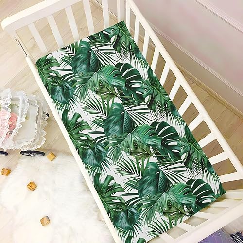 Miniatura 6 de Kigai Fitted Crib Sheet for Boys Girls,Green Palm Leaves Jersey Knit Baby Sheet for Standard Crib and Toddler Bed Mattresses, Cozy Soft Breathable,