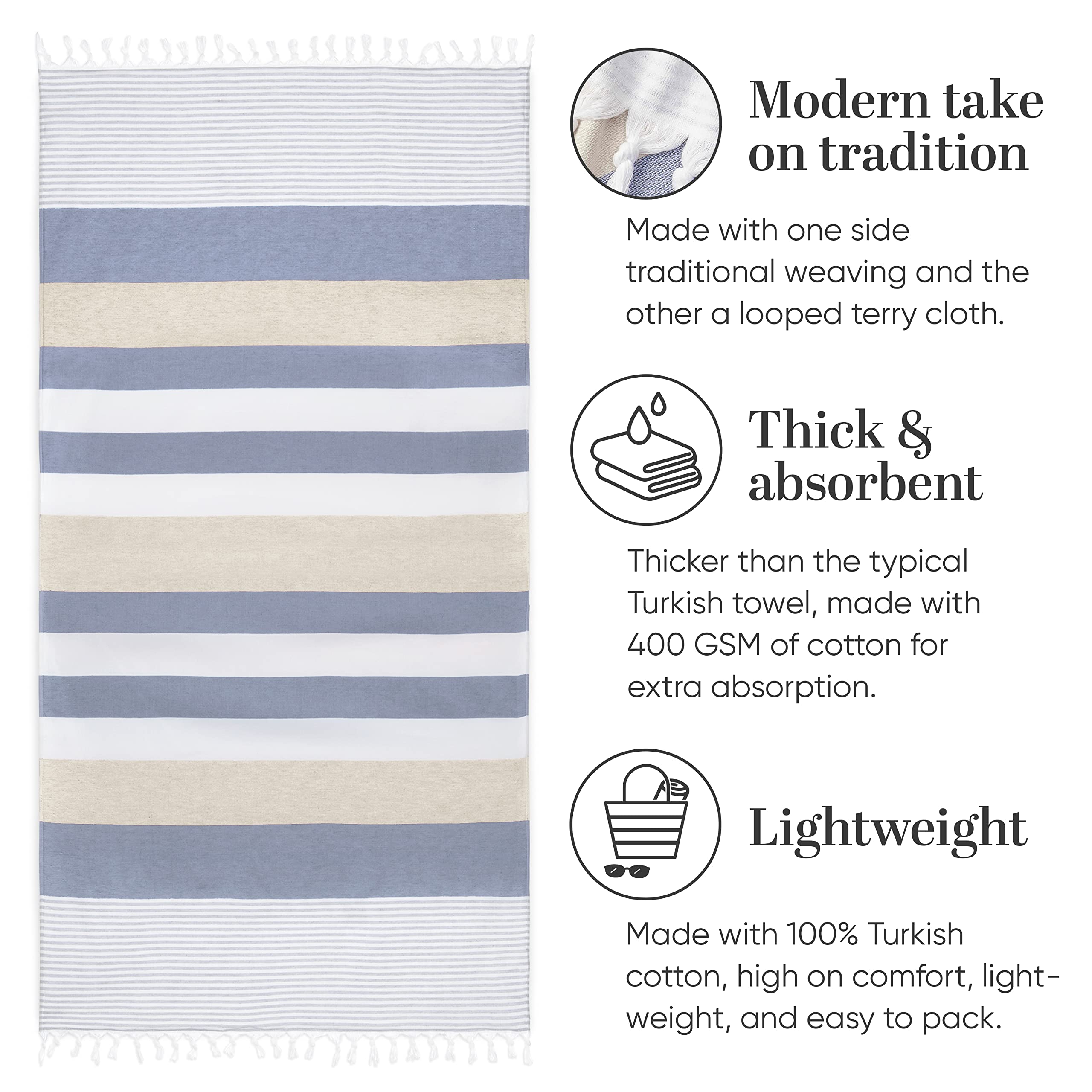Laguna Beach Textile Co. Toalla de playa turca suave de Fouta – azul marino y marrón duna, 400 g/m²