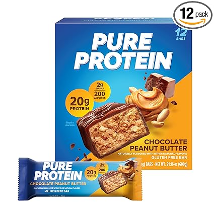 Pure Protein Bars, High Protein, Nutritious Snacks to Support Energy, Low Sugar, Gluten Free, Chocolate Peanut Butter, 1.76oz, 12 Count (Packaging May Vary)