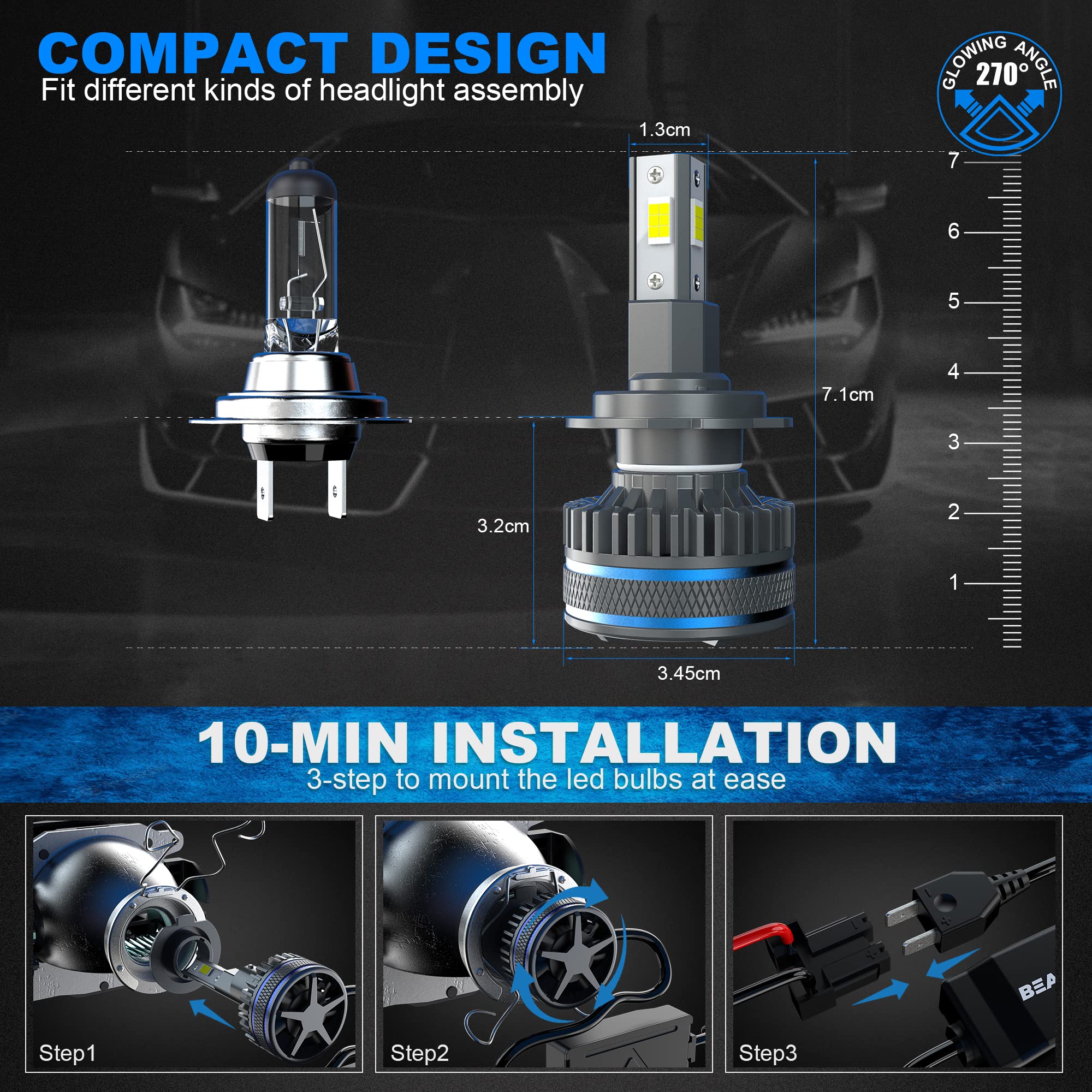 Ampoules H7 LED 36000LM pour Phare Lenticulaire, BEAMFLY Kit de Conversion Halogène/Xénon Phares Avant de Voitures, Projecteurs VLED Haute Puissance 100W, 12V 6000K Lumière Blanche Froide Forte