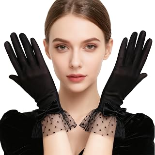 Women Lace Gloves Wedding Tea Party Gloves Black Bow Short Mitten Elegant Accessories 1920s Opera