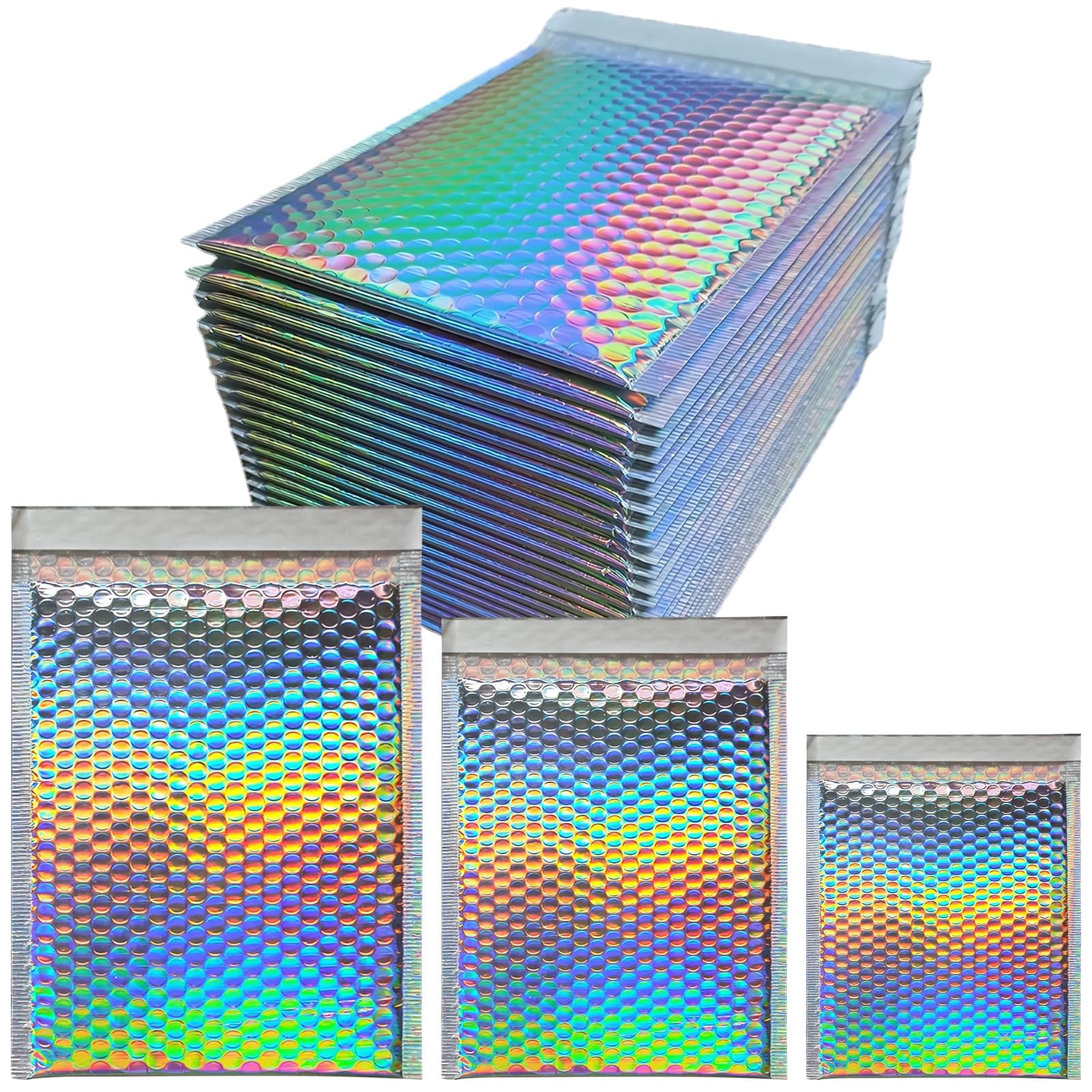 Set di 100 buste imbottite olografiche, include 20 buste da 25 x 20 cm, 30 pezzi da 15 x 20 cm, 50 buste metalliche autoadesive per piccole imprese