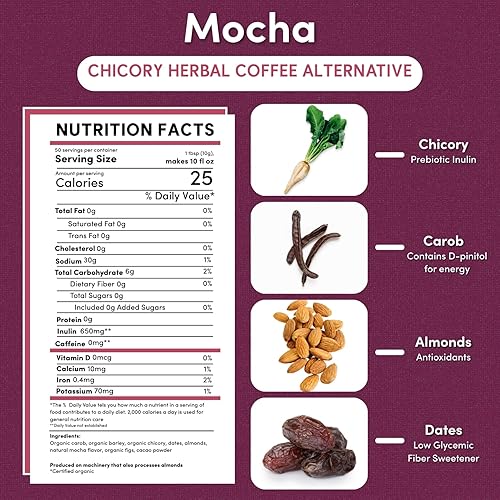 Miniatura 76 de Teeccino Café alternativo de frambuesa y moca con achicoria – Café herbal molido que es prebiótico, libre de cafeína y ácidos, tostado oscuro, 11