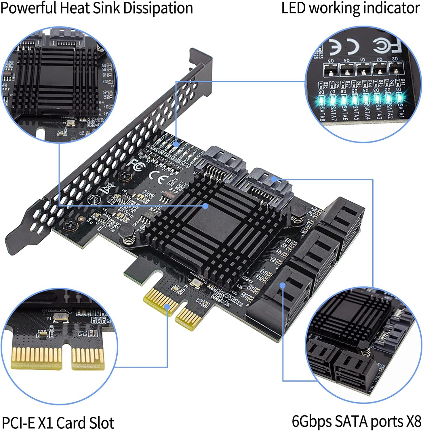 8-port SATA 3.0 PCIe Controller Card, 6 Gbps, 8 SATA Cables, Windows/Mac/Linux Compatible