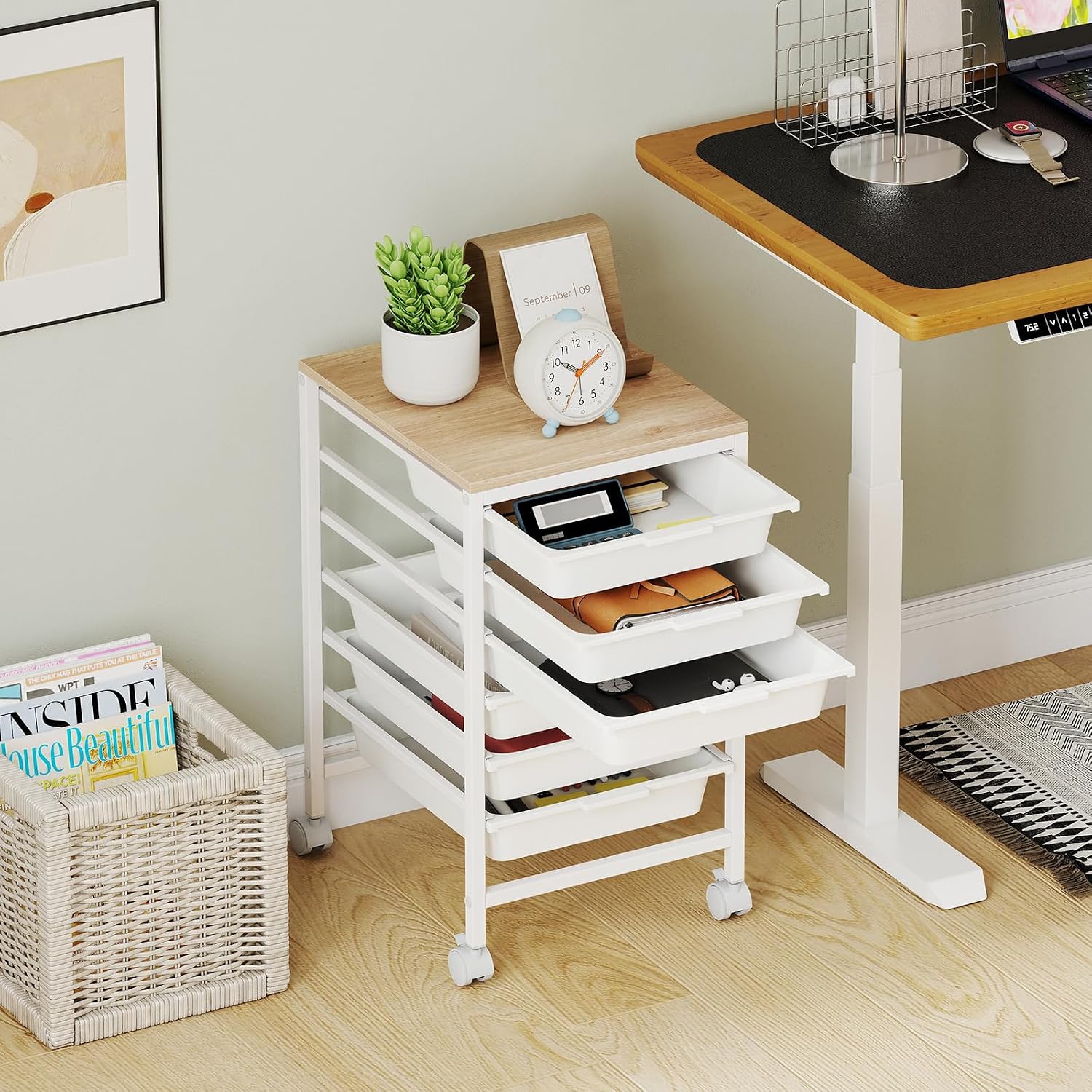 COSTWAY Rolling Storage Cart with Drawers, Multipurpose Utility Cart w/Wooden Tabletop & 2 Lockable Caster, Plastic Mobile Drawer Storage Organizer for Classroom, Home, Office (White, 6 Drawers)