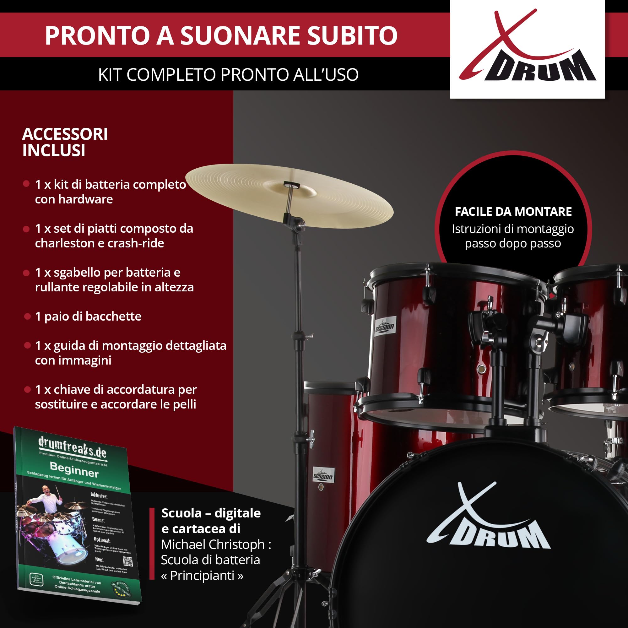 XDrum Rookie 22" Standard Set Batteria Completa Ruby Red - Ideale per Principianti - Hardware Elegante in nero - Incl. Bacchette 5B, Istruzioni di Montaggio e Scuola di Batteria - Rosso
