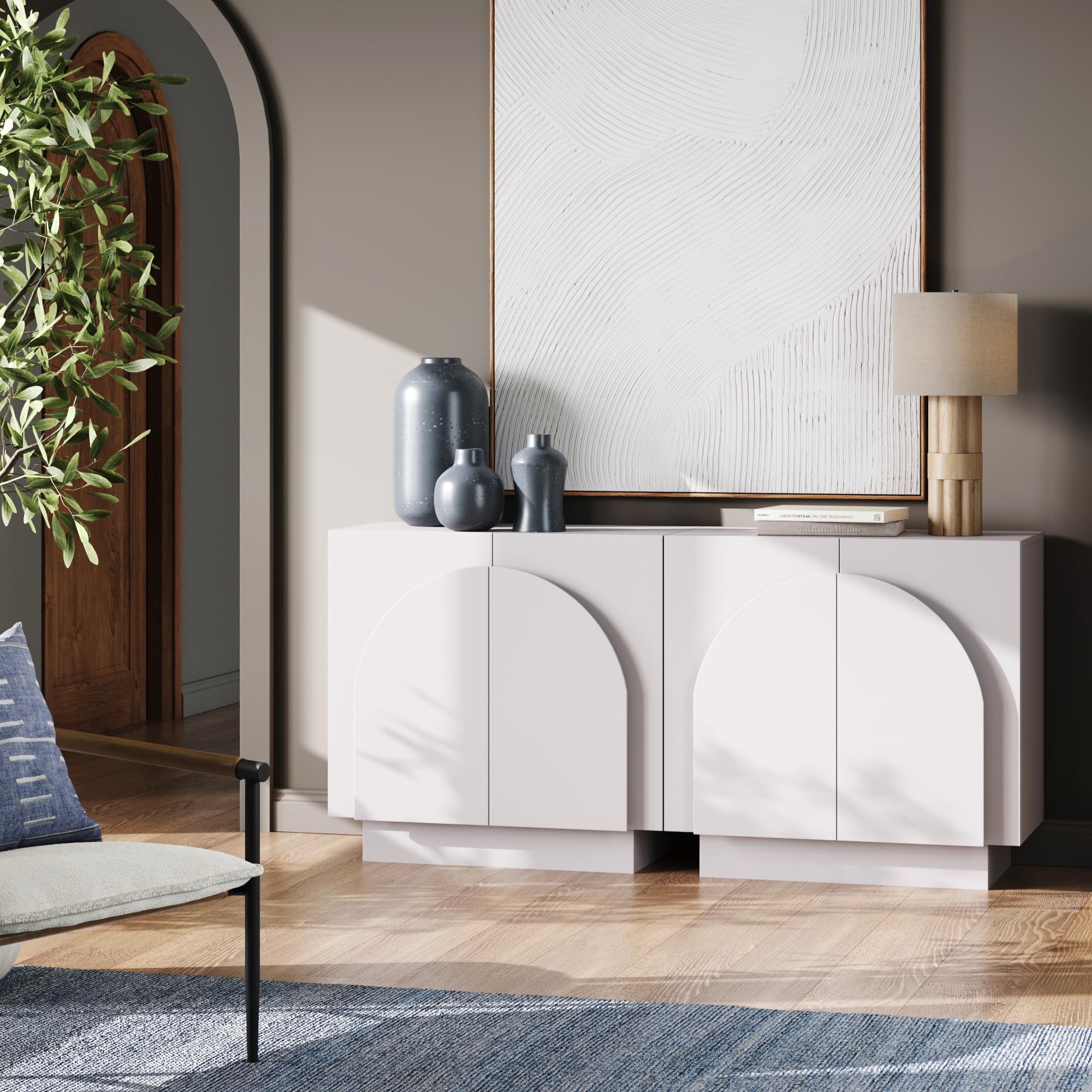 Nathan James Iris Mid-Century Modern Credenza, White TV Stand, Living Room Wood Storage Cabinet with Arched Cabinet Doors, Set of 2