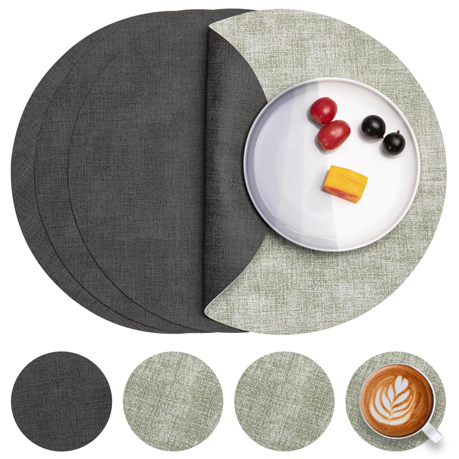 Myir JUN Tischsets abwaschbar Leder und Untersetzer doppelseitig Platzset | Platzset Rund Ø 36cm 4er Set rutschfest Glasuntersetzer Platzdeckchen Kunstleder Tischset