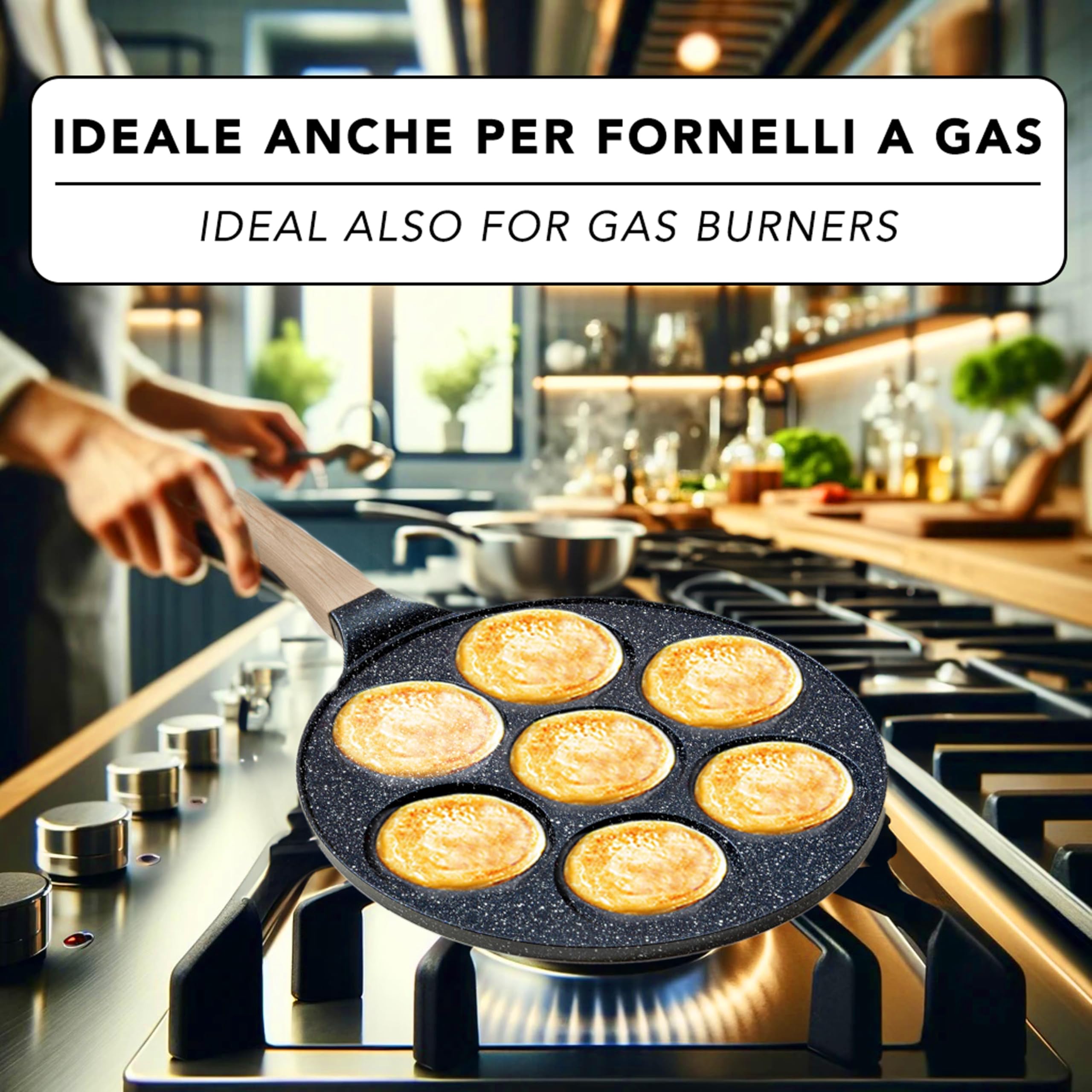 IPEA Padella Pancake Antiaderente per Induzione e Gas - Anti Aderente in Alluminio Per Frittata, Crepes, Uova, Hamburger - Padella da Cucina con 7 Stampi - Manico Comfort - 29 x 26,5 cm