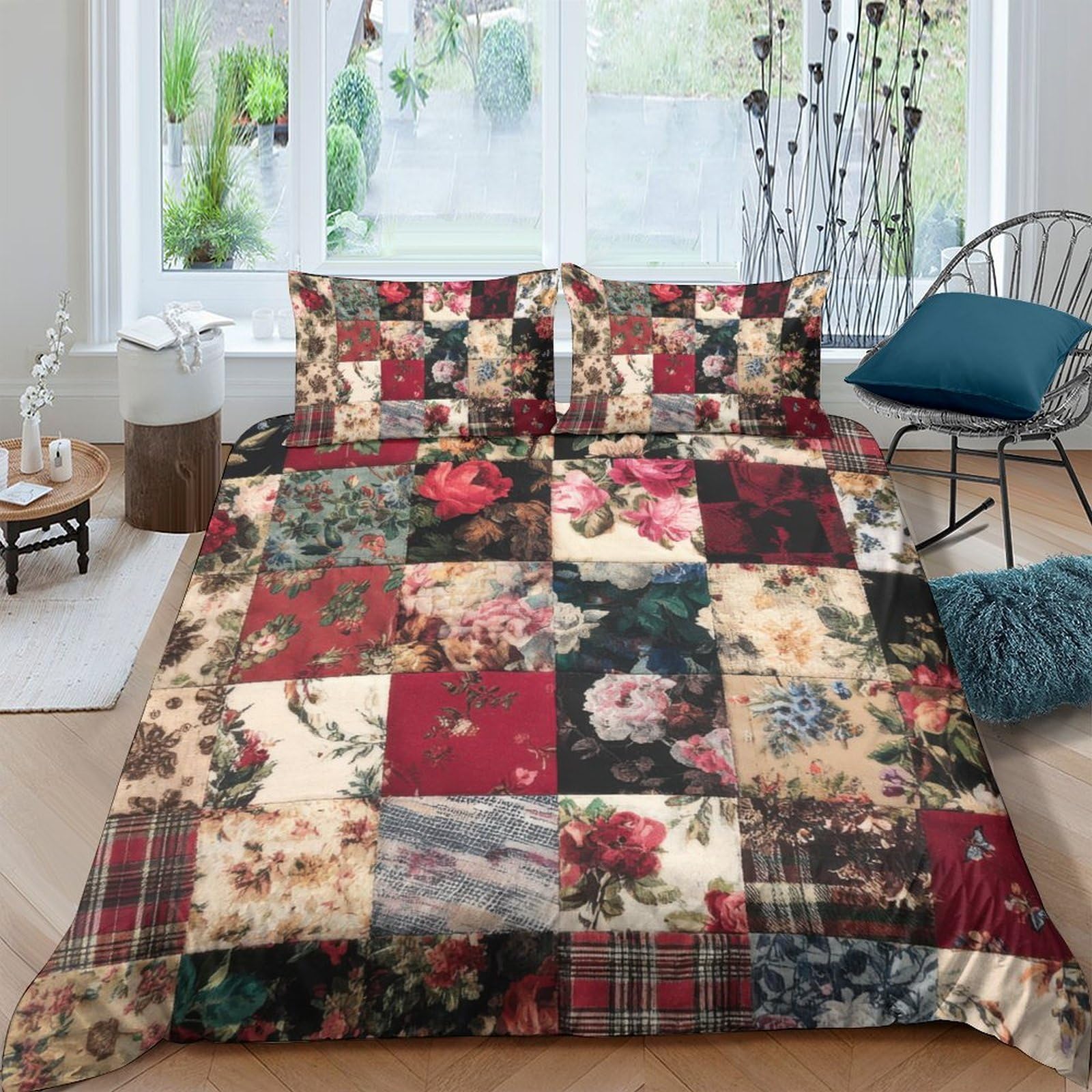 Unrxjzlvm Style-3 Patchwork Floral Duvet Set Microfiber Aesthetic Decor Teen Room