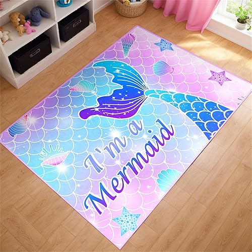 Alfombras de sirena de dibujos animados para niñas, encantadoras, decoración de habitación de niños, alfombras suaves con tema de sirena rosa,