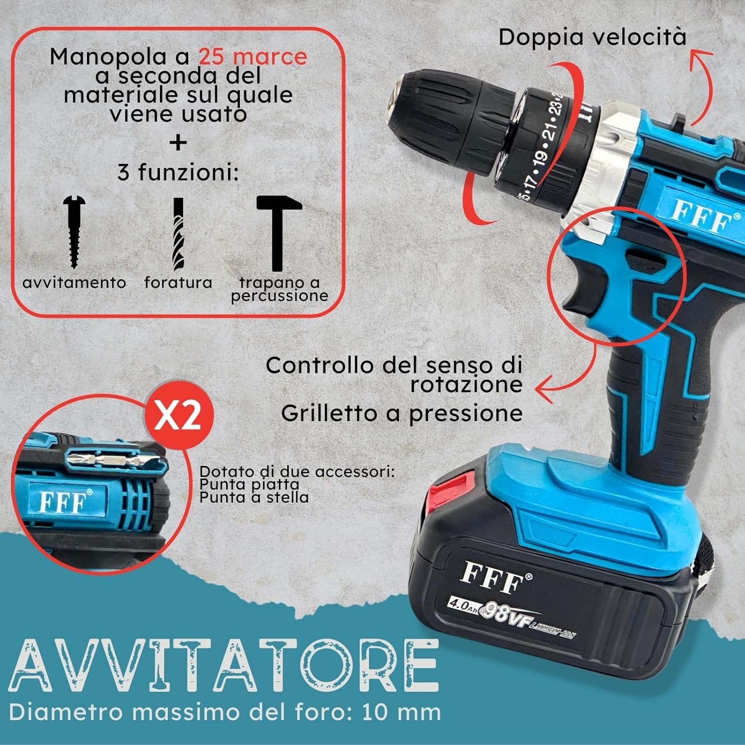 Kit Completo Professionale Fai da Te 4 in 1 con Trapano Avvitatore a Batteria, Trapano a Percussione a Batteria, Smerigliatrice Angolare a Batteria, Trapano a Martello e ad Impulsi Svita Bulloni 68v