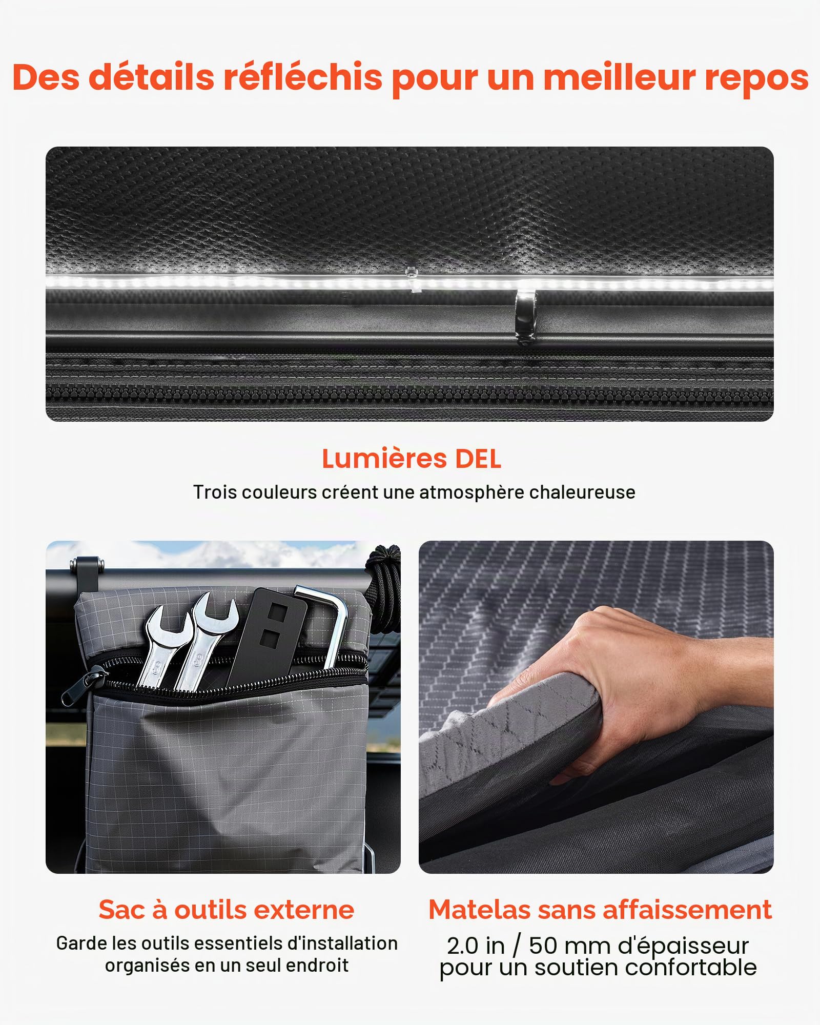 VEVOR Tente de Toit pour Voiture, Tente de Toit à Coque Rigide pour 2-3 Personnes, pour Camping Caravane, en Aluminium, avec Éclairage LED Tricolore, Matelas Épais et Fenêtre, Étanche et Coupe-Vent