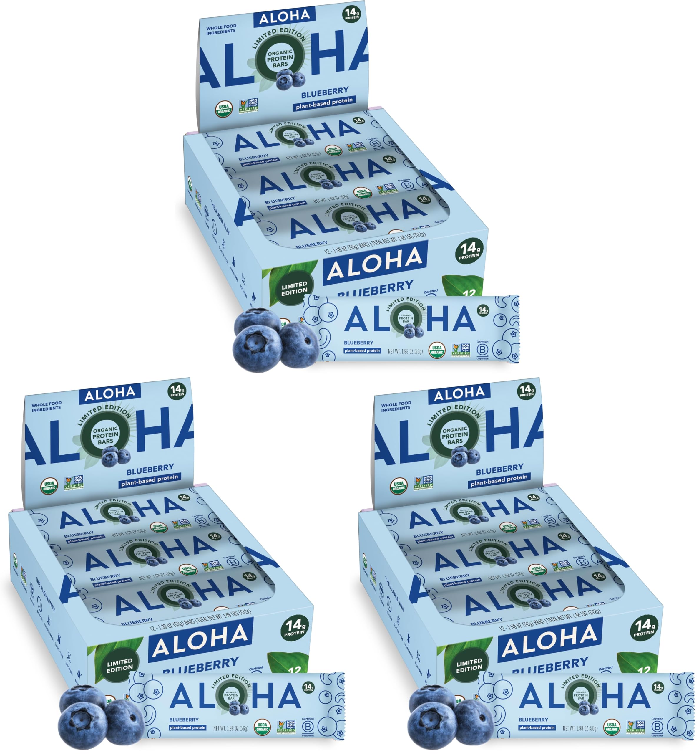 ALOHA Organic Plant Based Protein Bars - Blueberry Bars, Vegan, Low Sugar, Gluten-Free, Low Carb, Non-GMO, No Stevia, No Erythritol - 12 Count (Pack of 3) Blueberry 12 Count (Pack of 3)