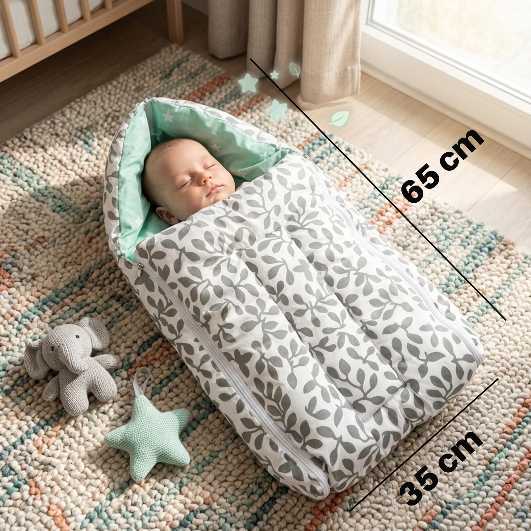 Kridlo 3-in-1 Baby Sleeping Bag & Carry Nest - Yellow Unisex 0-6 Months + 100% Cotton Swaddle Wrap 0-2 Years, Grey Design - Skin-Friendly, Breathable, Multi-Purpose Bedding Set for Newborns 4