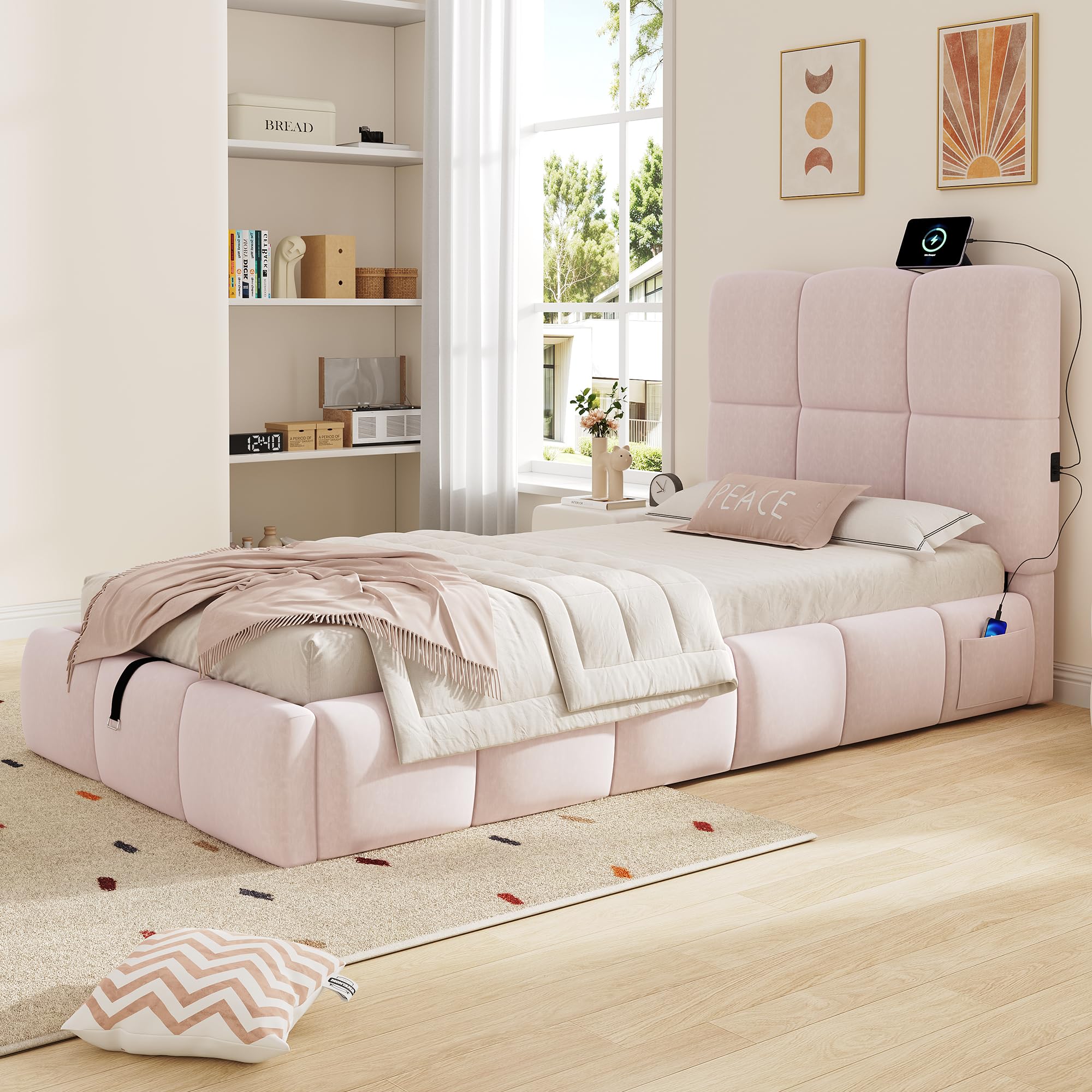 Mrwoo Cama Tapizada 90x200cm con USB, Cama Individual con Compartimento de Almacenamiento Hidráulico, Además, Rosa (Cama Sin Colchón)